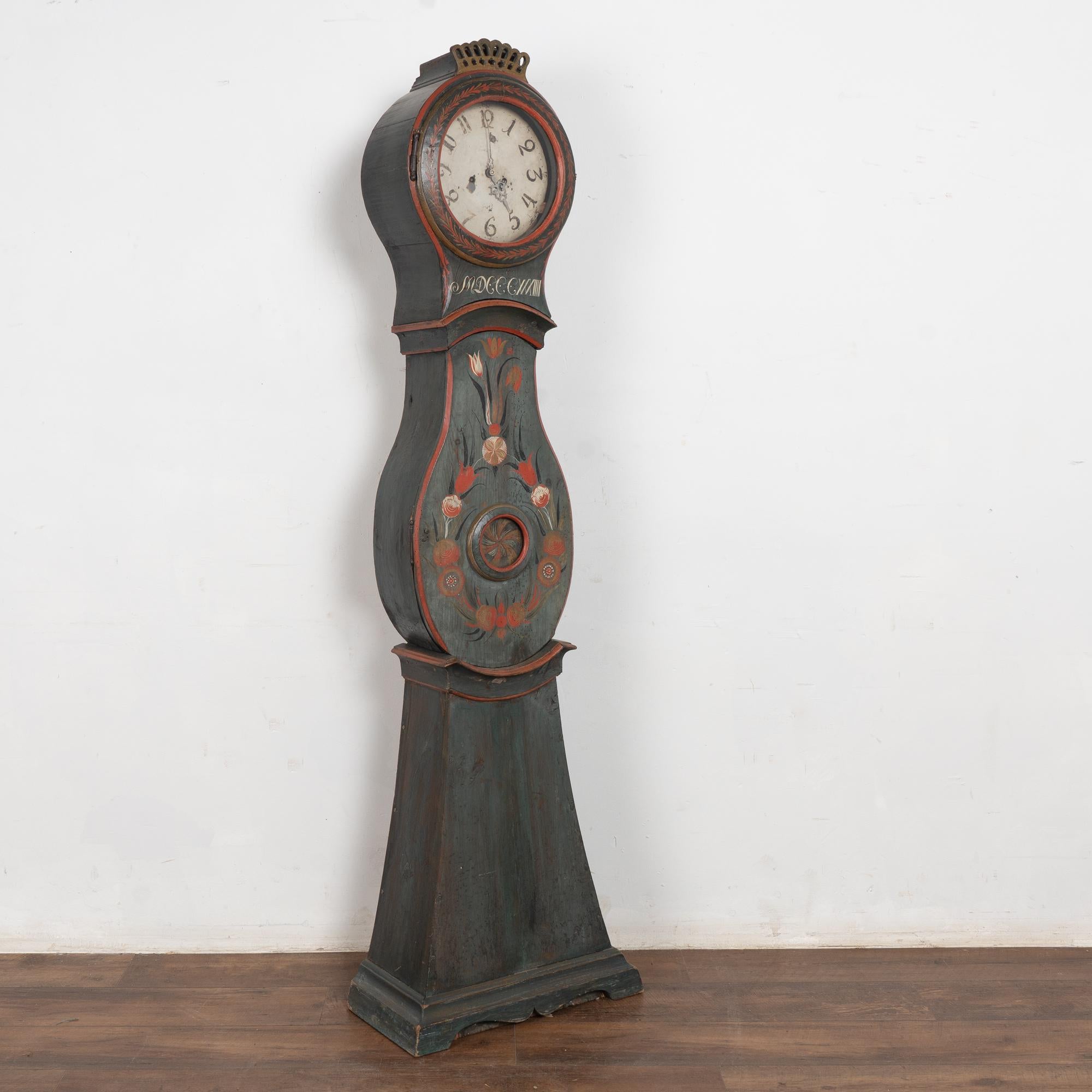 19th Century Original Blue Painted Swedish Mora Grandfather Clock In Good Condition For Sale In Round Top, TX