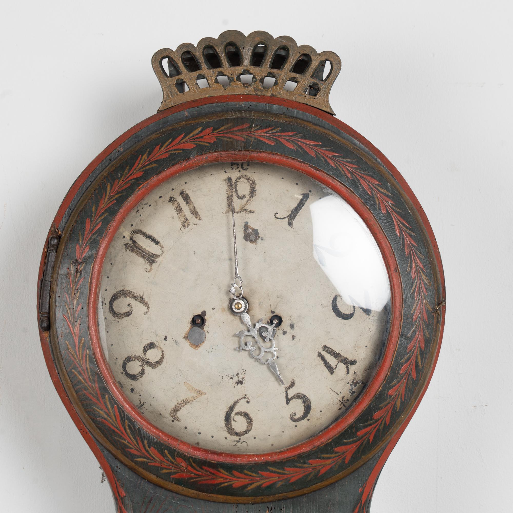 Pine 19th Century Original Blue Painted Swedish Mora Grandfather Clock For Sale