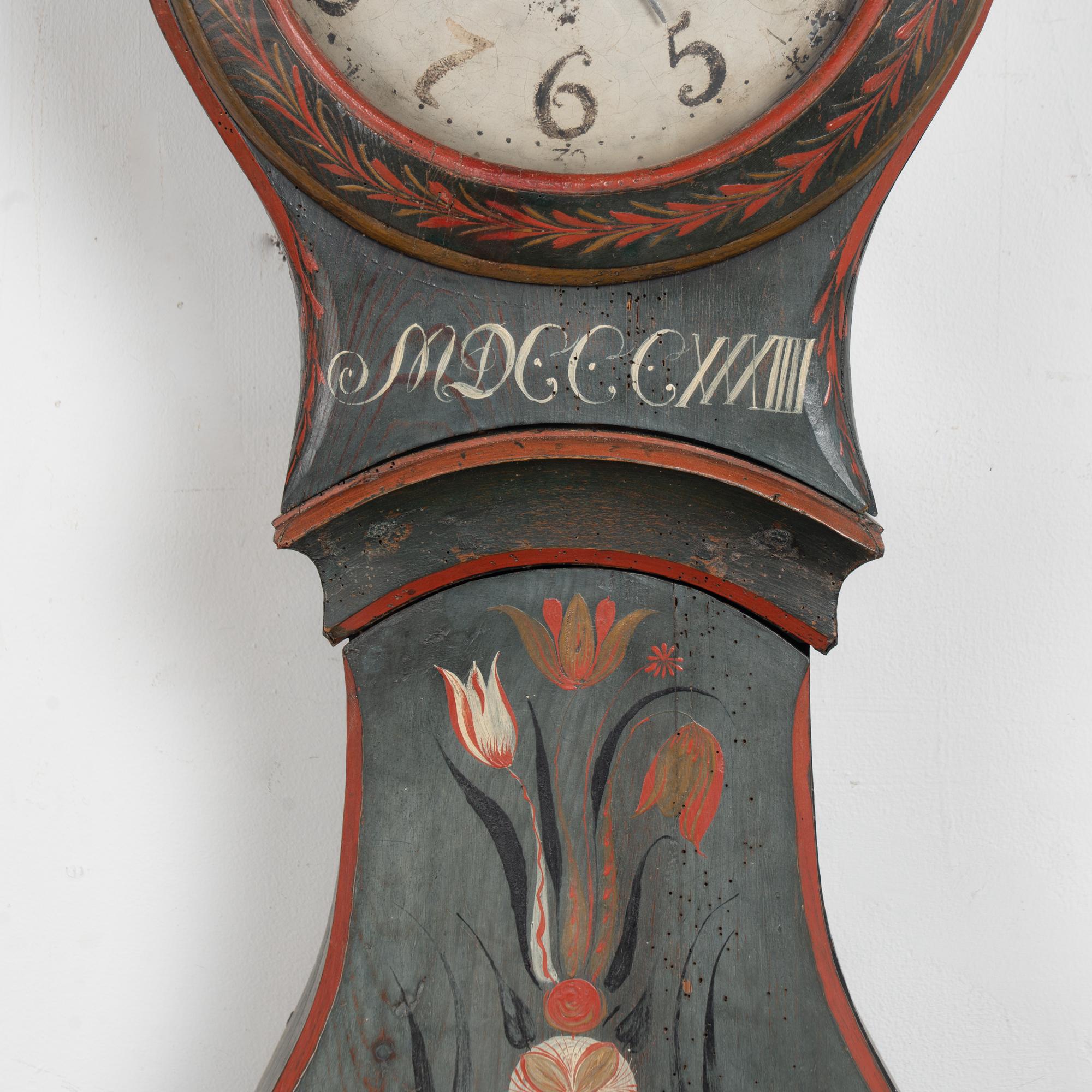 19th Century Original Blue Painted Swedish Mora Grandfather Clock For Sale 2
