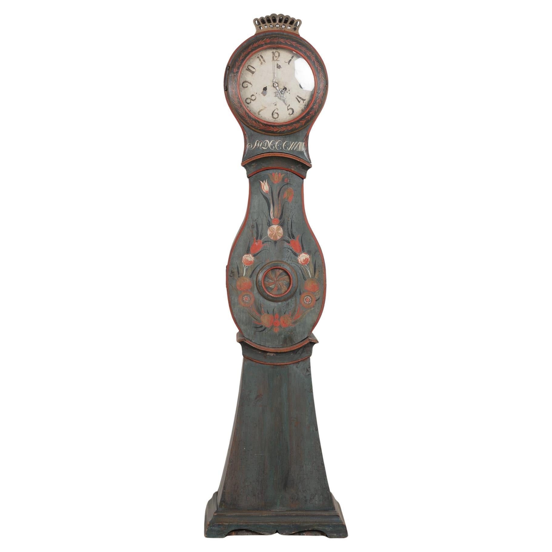 19th Century Original Blue Painted Swedish Mora Grandfather Clock For Sale
