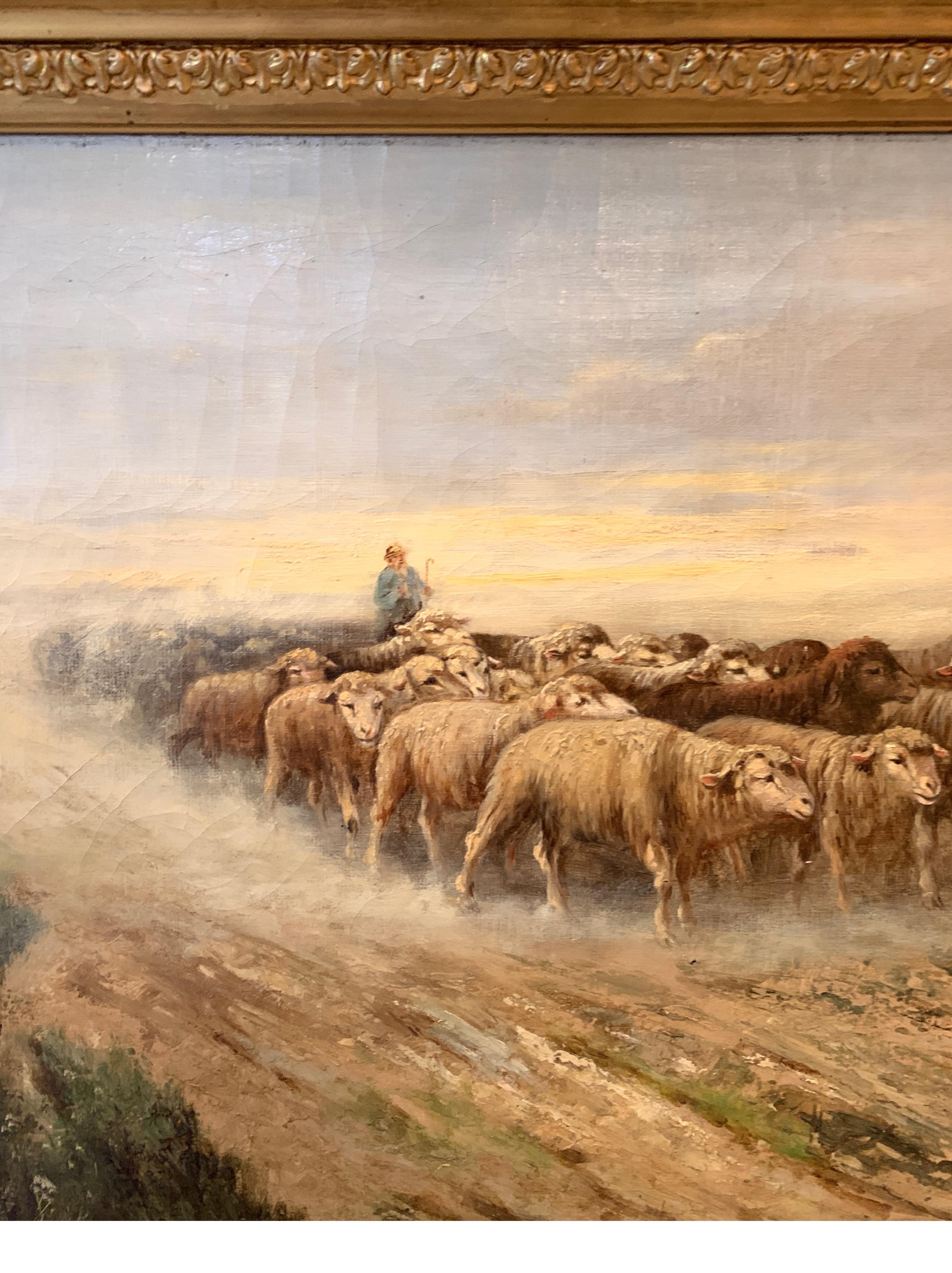 Huile sur toile européenne d'origine du 19e siècle représentant des moutons sur un chemin, signée par Linhart en vente 6