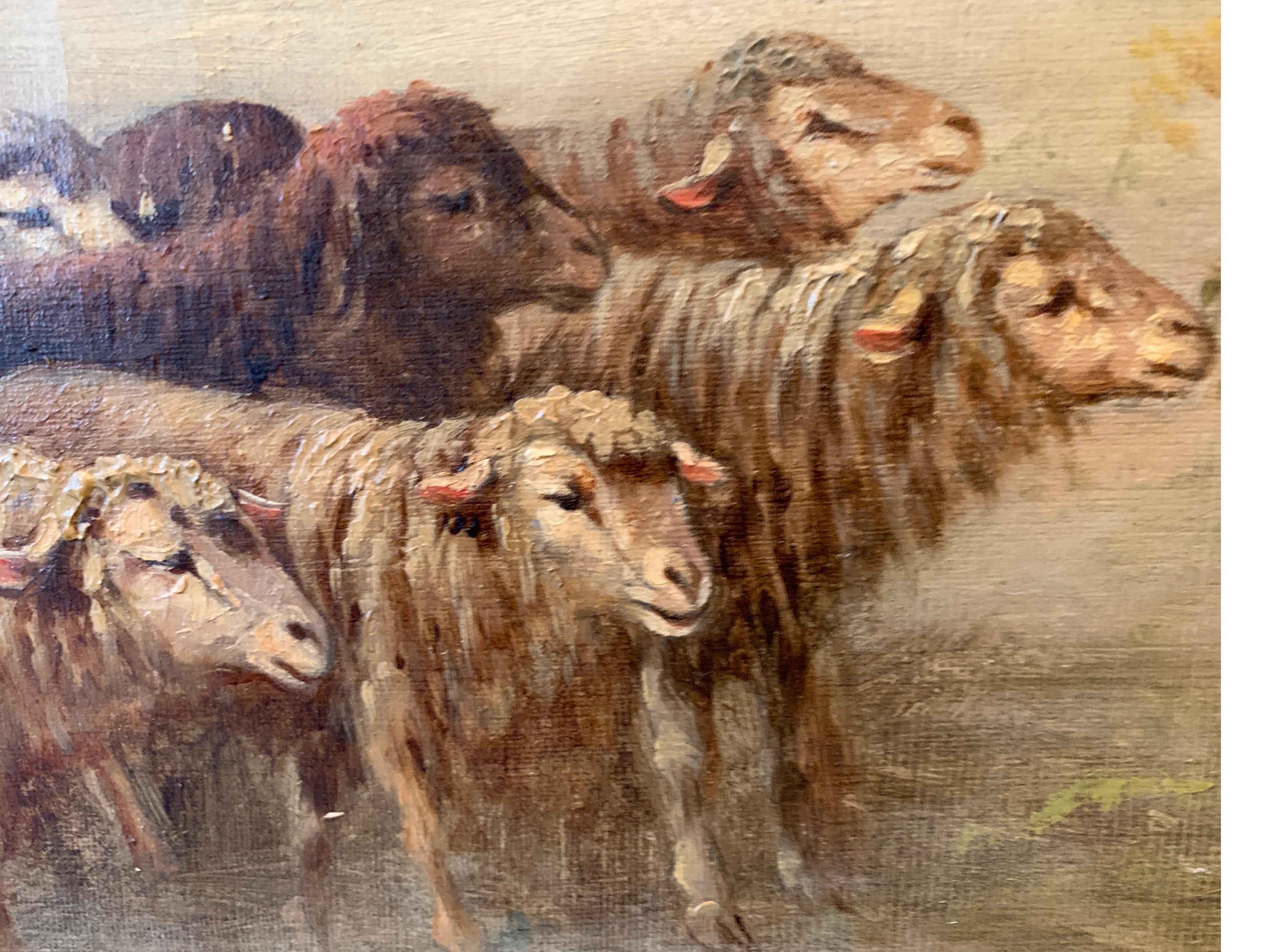 Huile sur toile européenne d'origine du 19e siècle représentant des moutons sur un chemin, signée par Linhart en vente 7