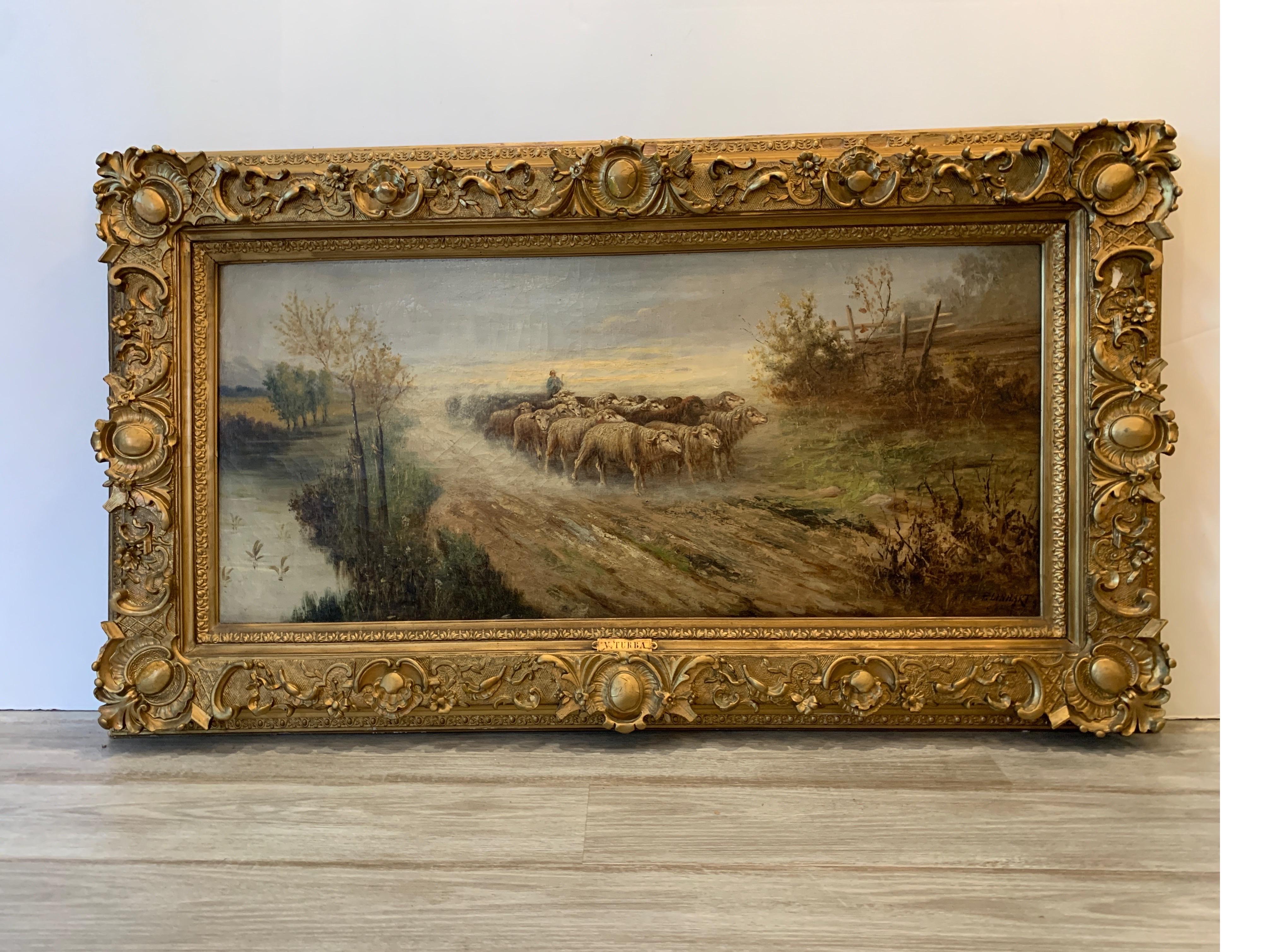 19th century original European oil on canvas of sheep on path, signed by Linhart
Nice painting of sheep being guided down a country path, great for a country or farm house.
Dimensions: 3.25