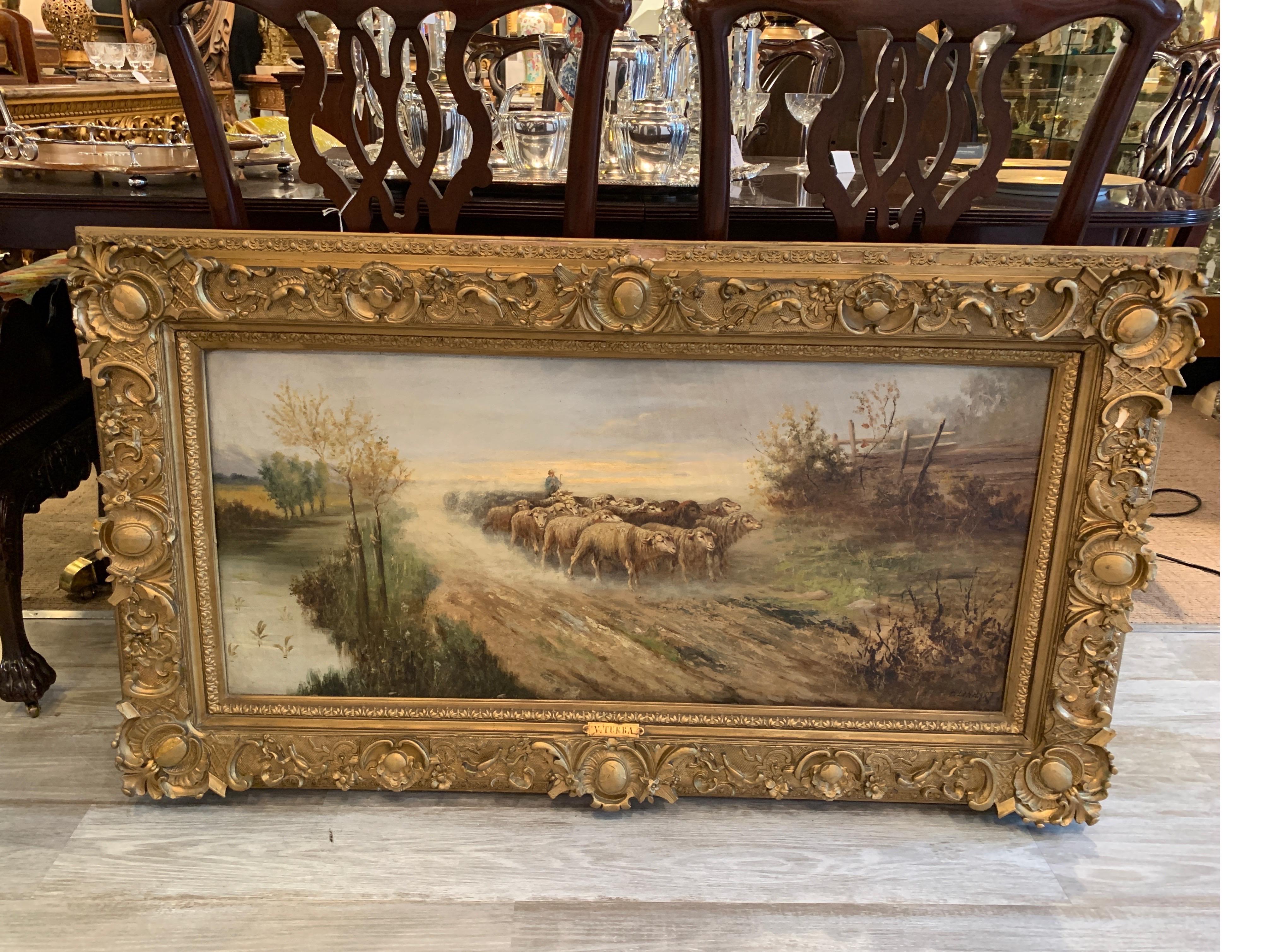19th Century Original European Oil on Canvas of Sheep on Path, Signed by Linhart For Sale 16