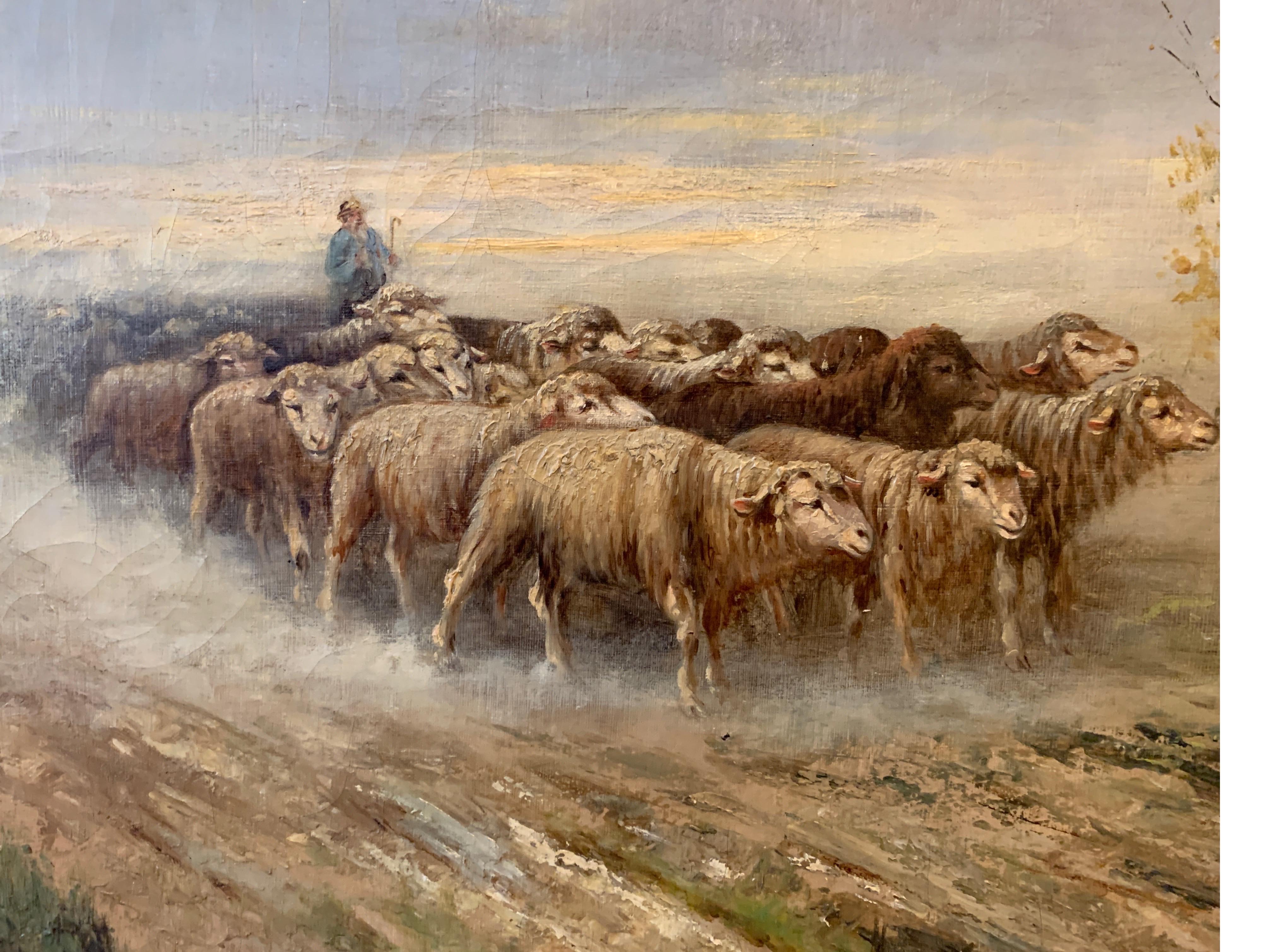 Anglais Huile sur toile européenne d'origine du 19e siècle représentant des moutons sur un chemin, signée par Linhart en vente