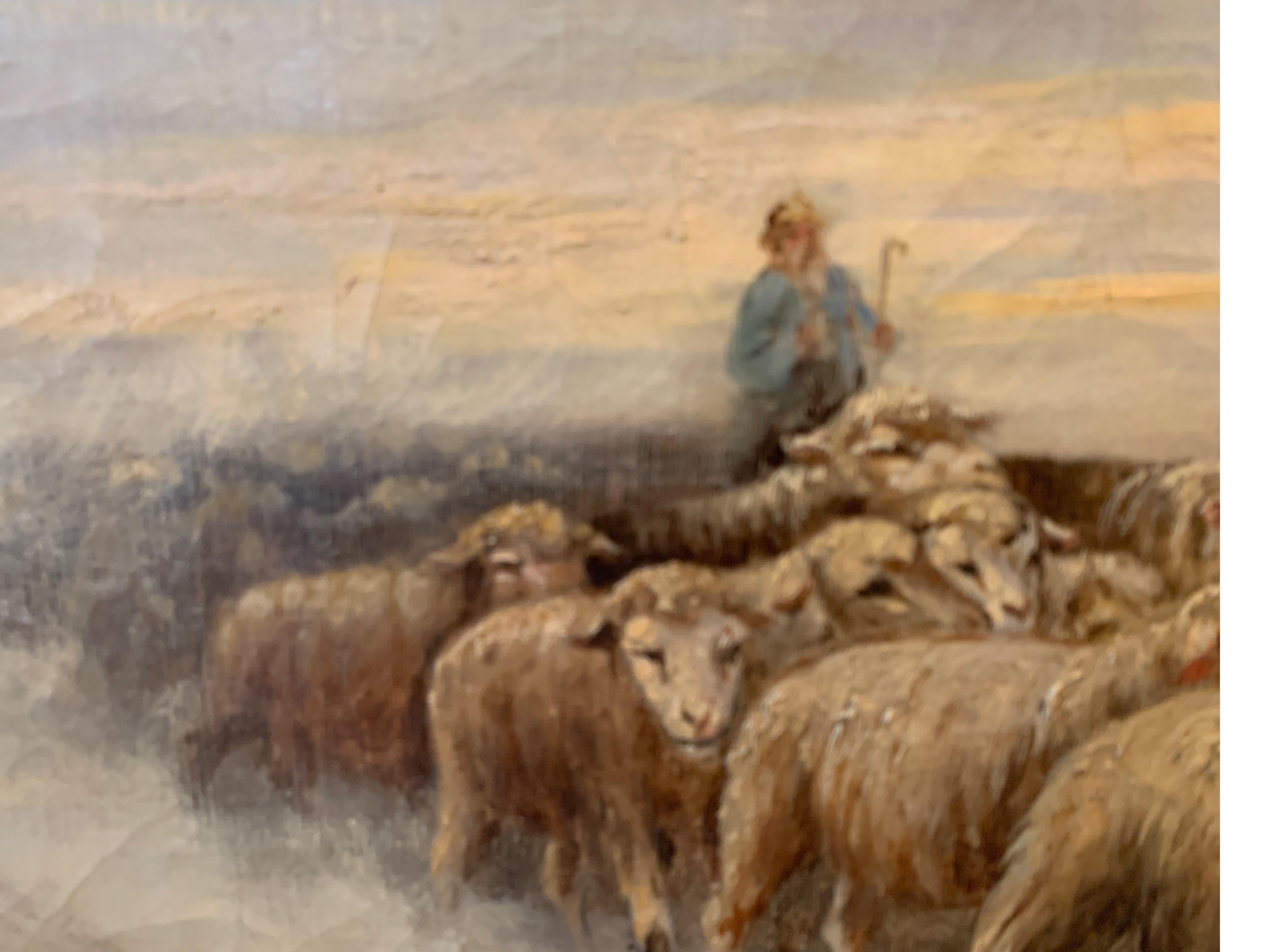 Huile sur toile européenne d'origine du 19e siècle représentant des moutons sur un chemin, signée par Linhart Bon état - En vente à Lambertville, NJ