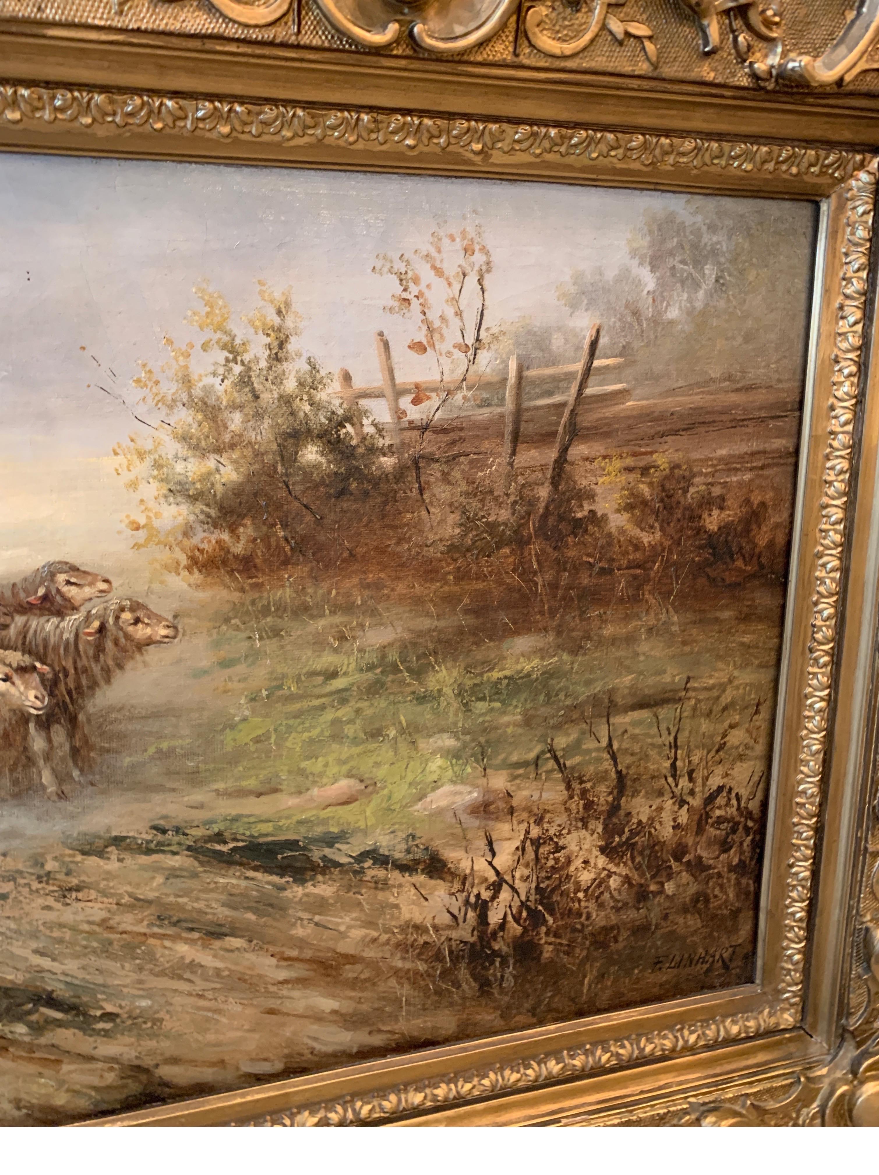 Huile sur toile européenne d'origine du 19e siècle représentant des moutons sur un chemin, signée par Linhart en vente 2