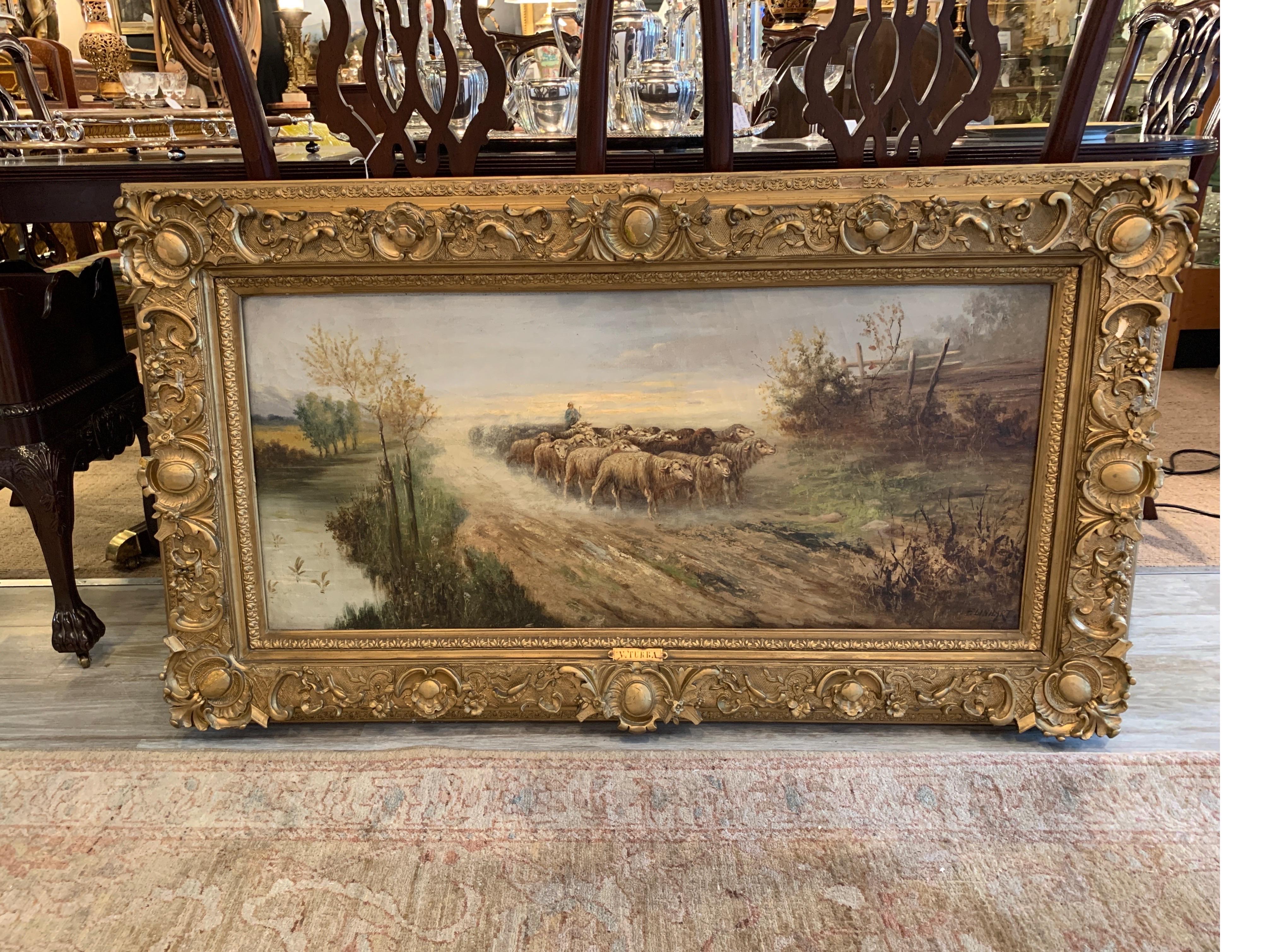 Huile sur toile européenne d'origine du 19e siècle représentant des moutons sur un chemin, signée par Linhart en vente 3