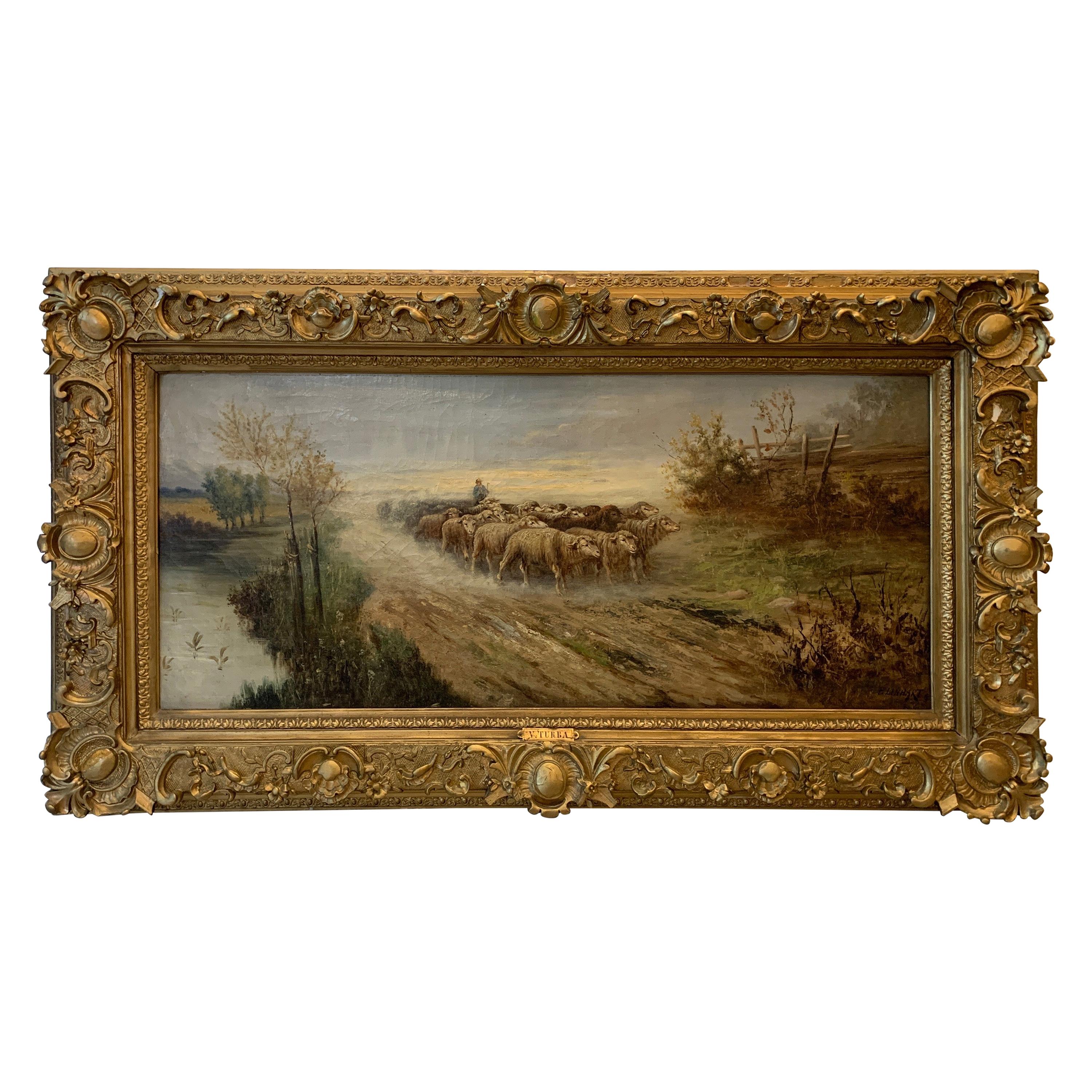 Miniature Antique Oil Painting Framed Austrian Landscape Cattle Herder Farming Scene Victorian Original