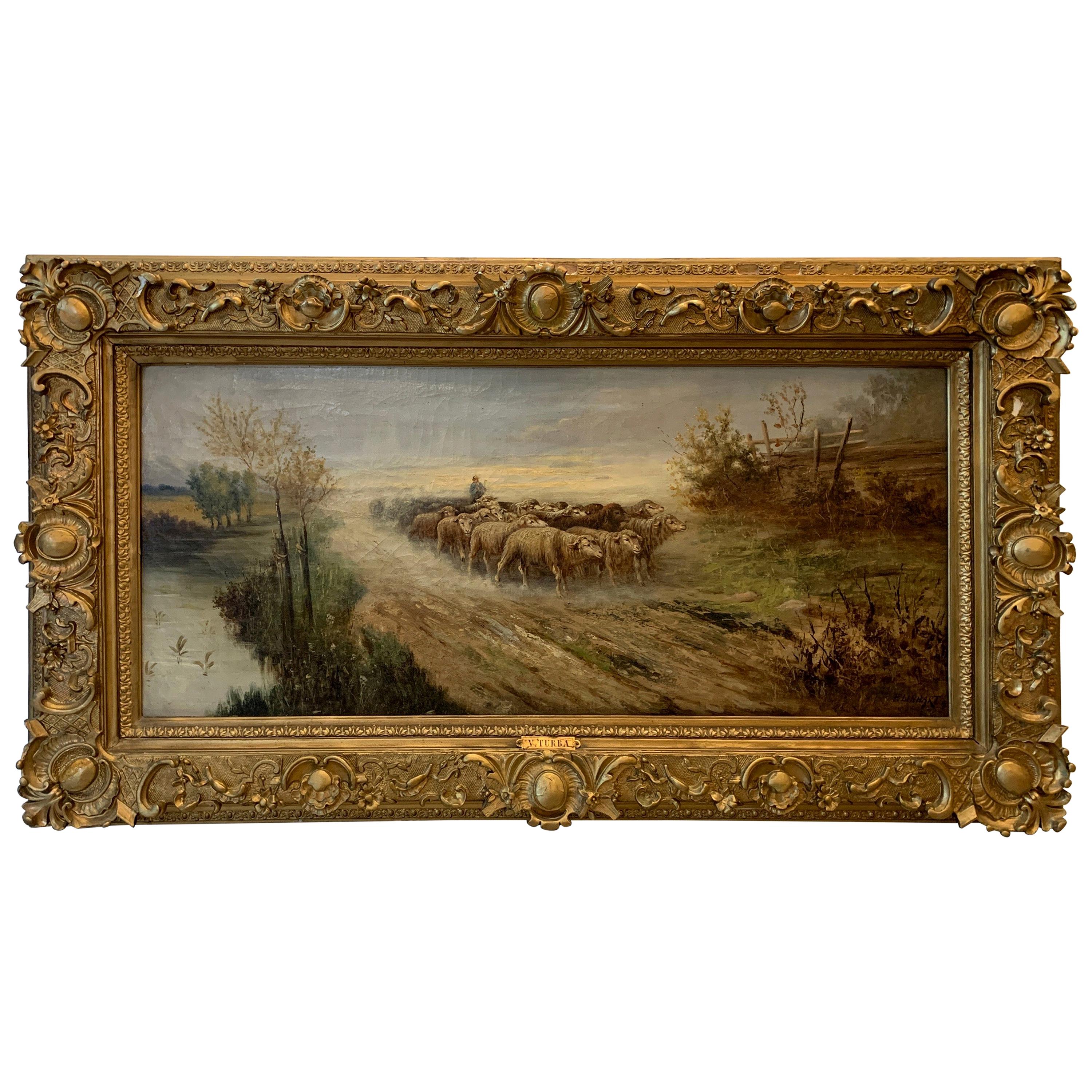 Huile sur toile européenne d'origine du 19e siècle représentant des moutons sur un chemin, signée par Linhart en vente