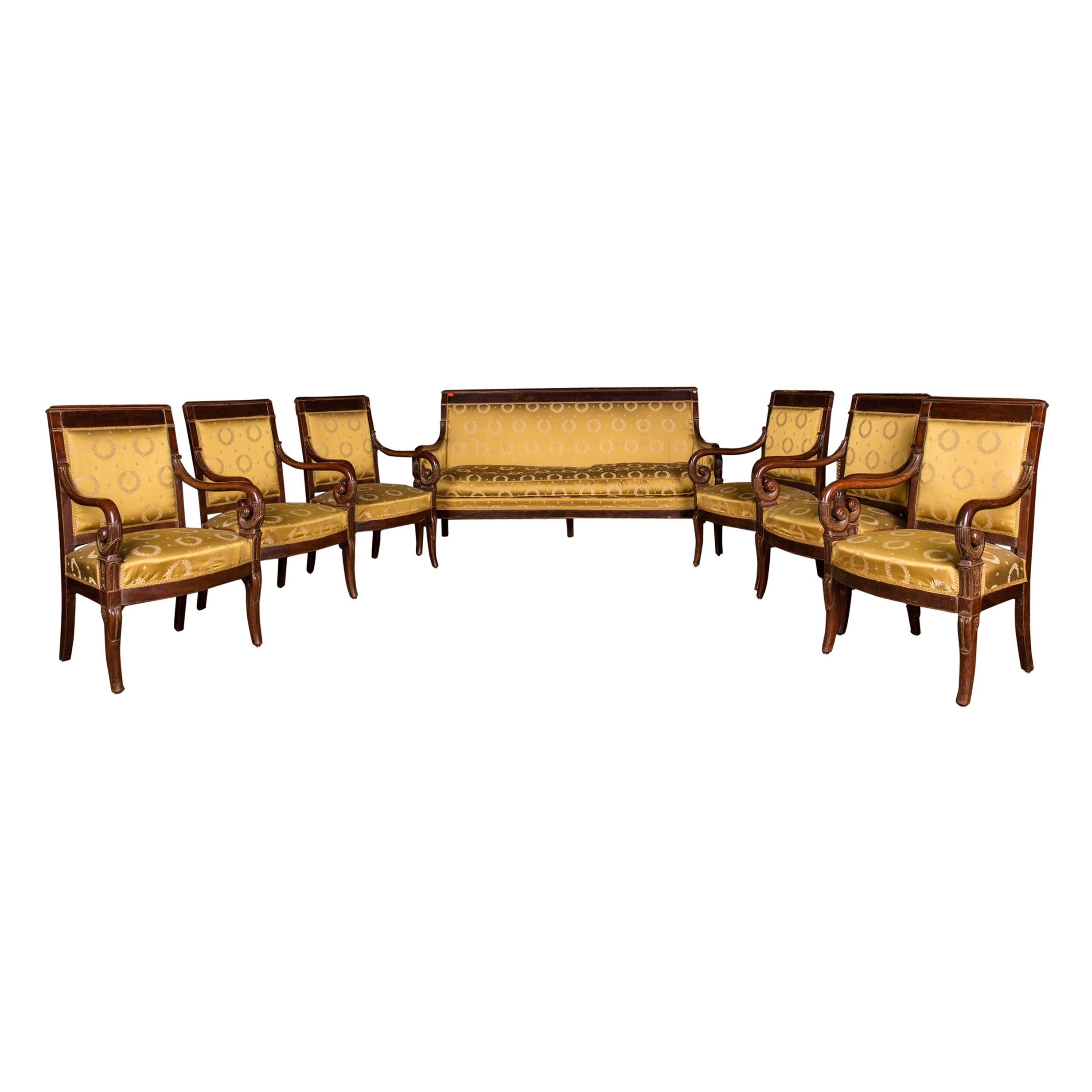 Originales französisches Empire-Sofa und Sessel-Set aus Mahagoni aus dem 19. Jahrhundert