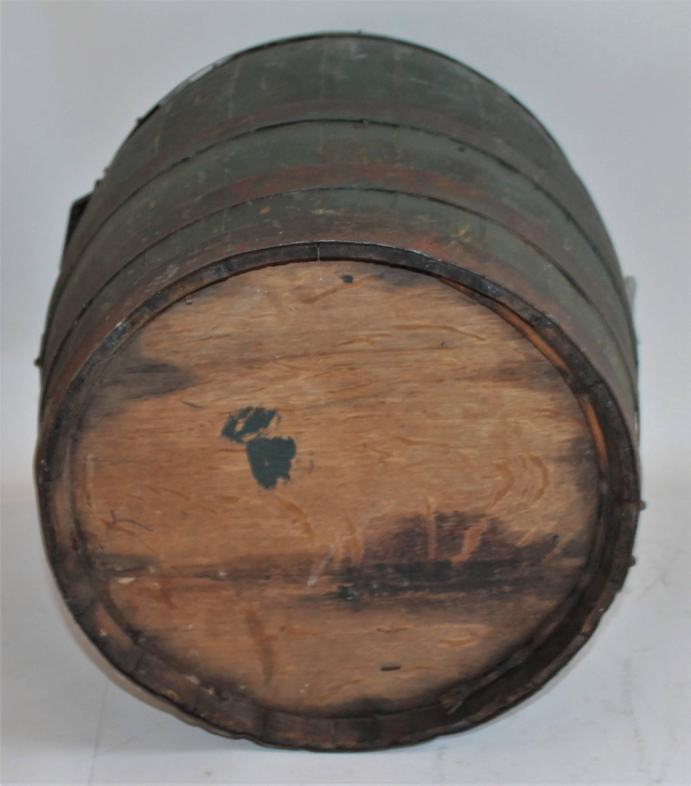 19th Century Original Green Painted Farm Barrel with Iron Handles 4