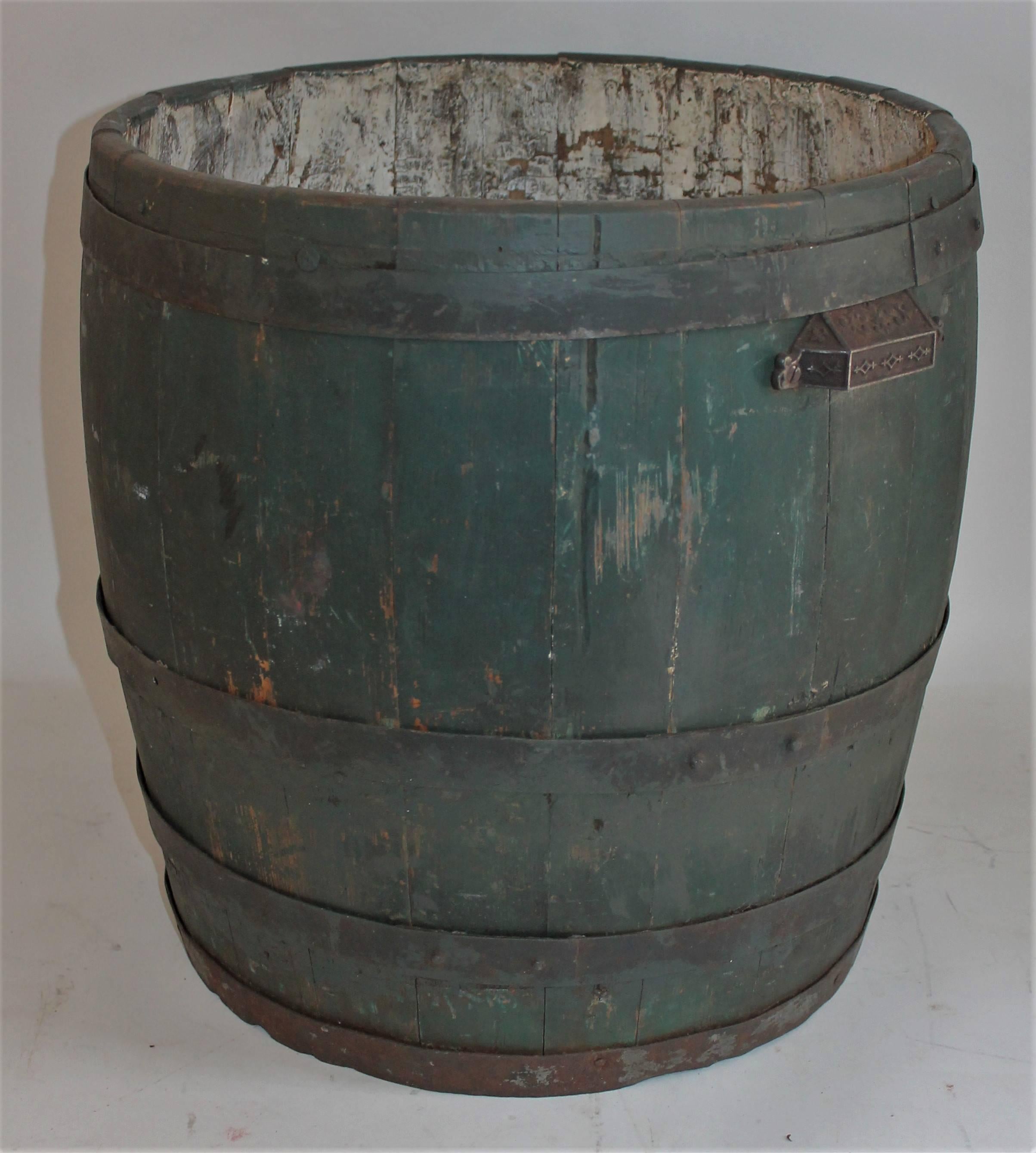 Other 19th Century Original Green Painted Farm Barrel with Iron Handles