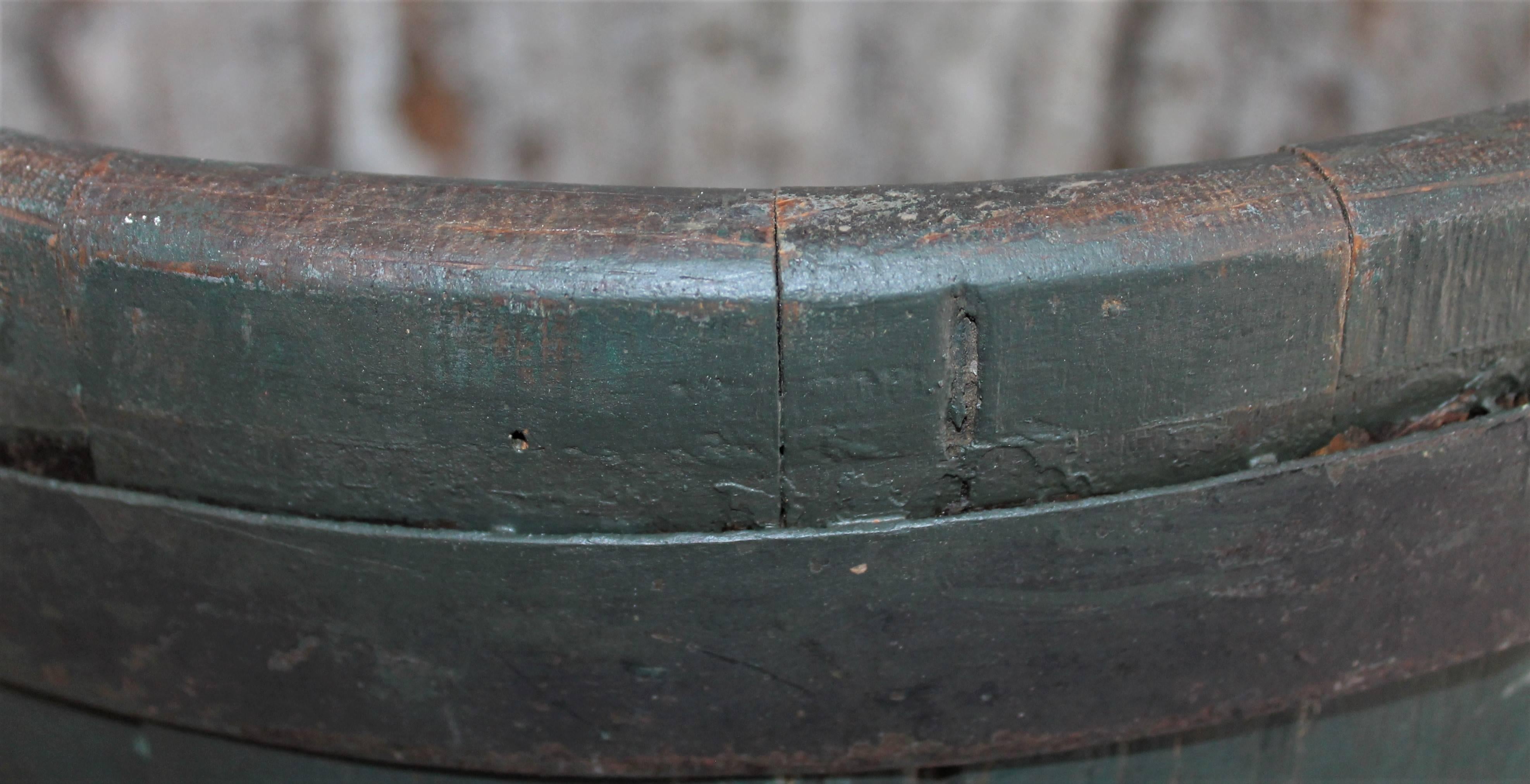 American 19th Century Original Green Painted Farm Barrel with Iron Handles