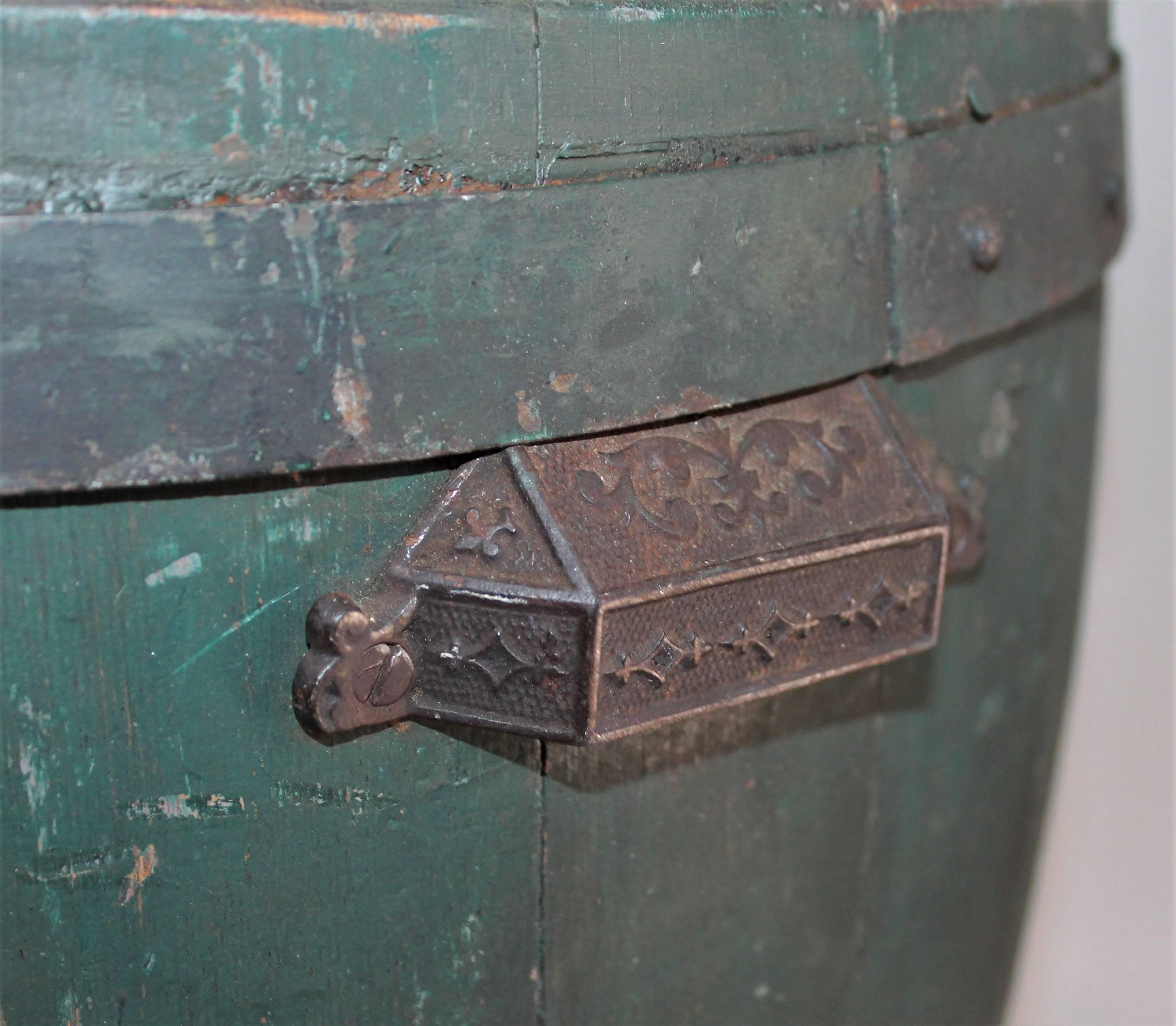 Hand-Crafted 19th Century Original Green Painted Farm Barrel with Iron Handles