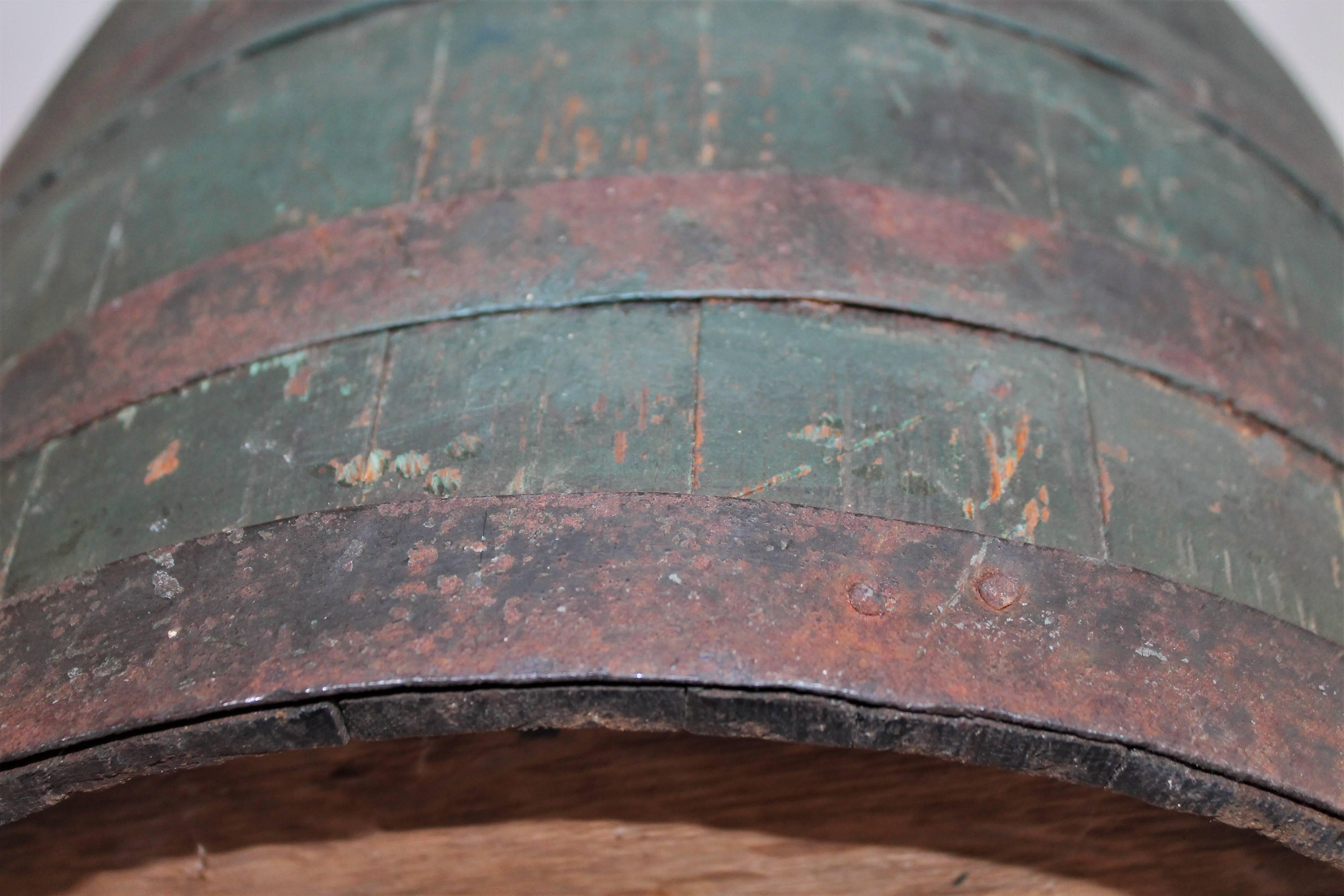 Bentwood 19th Century Original Green Painted Farm Barrel with Iron Handles