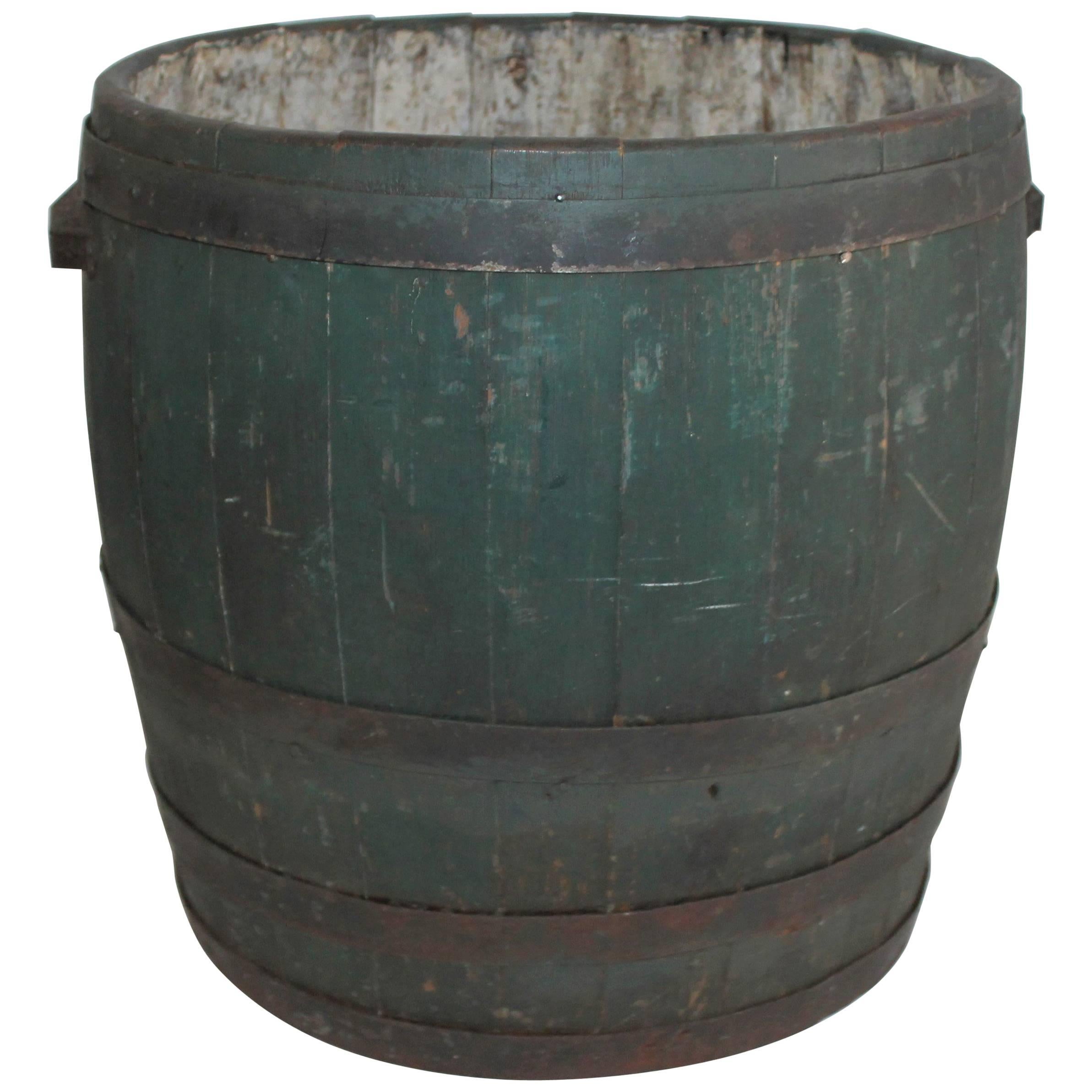 19th Century Original Green Painted Farm Barrel with Iron Handles
