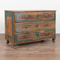 19th-Century Original Hand-Painted Pine Chest of Three Drawers