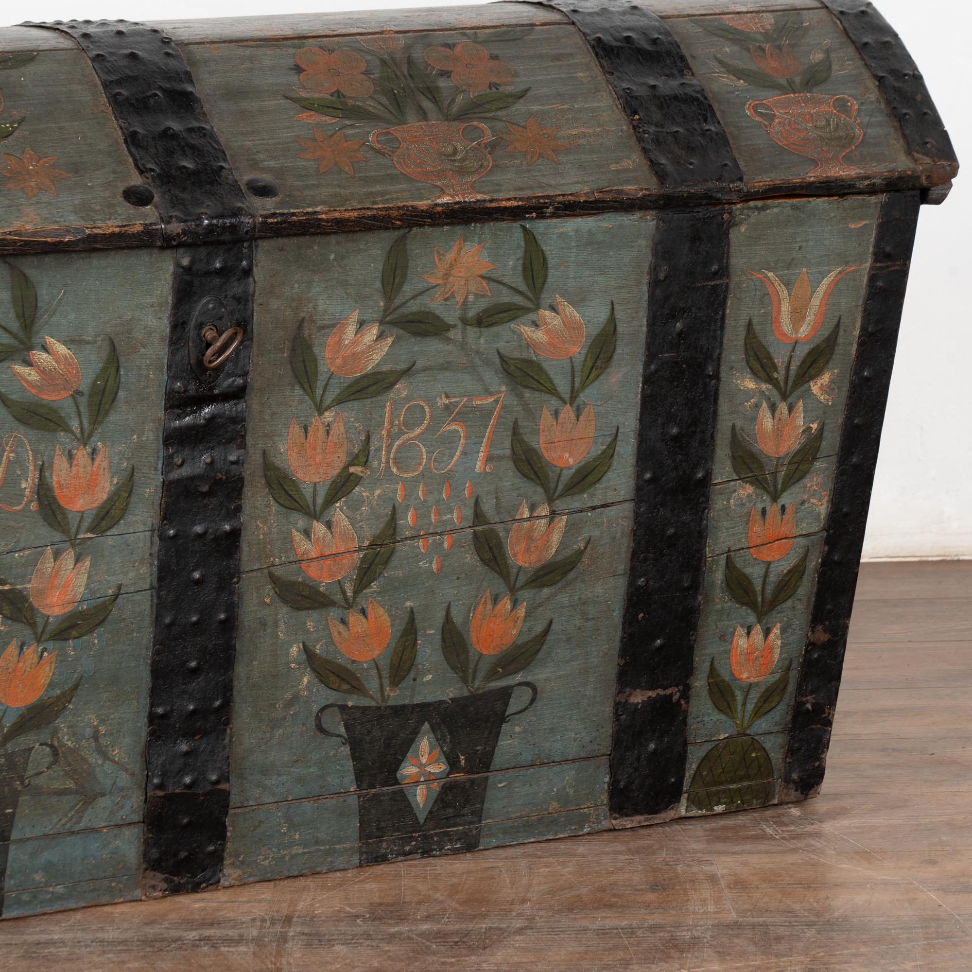 19th Century Original Hand Painted Swedish Dome Top Oak Trunk dated 1837 5