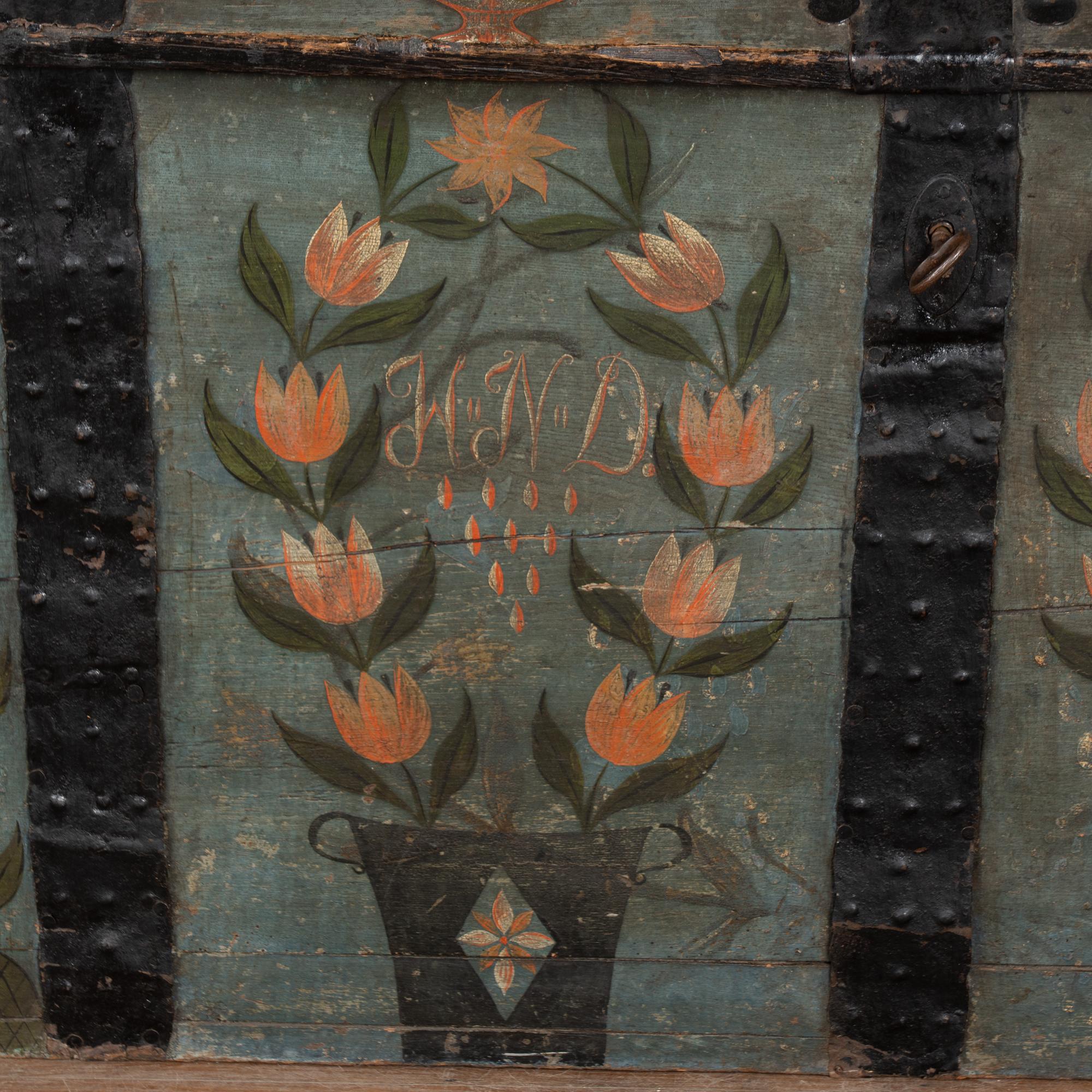 19th Century Original Hand Painted Swedish Dome Top Oak Trunk dated 1837 6