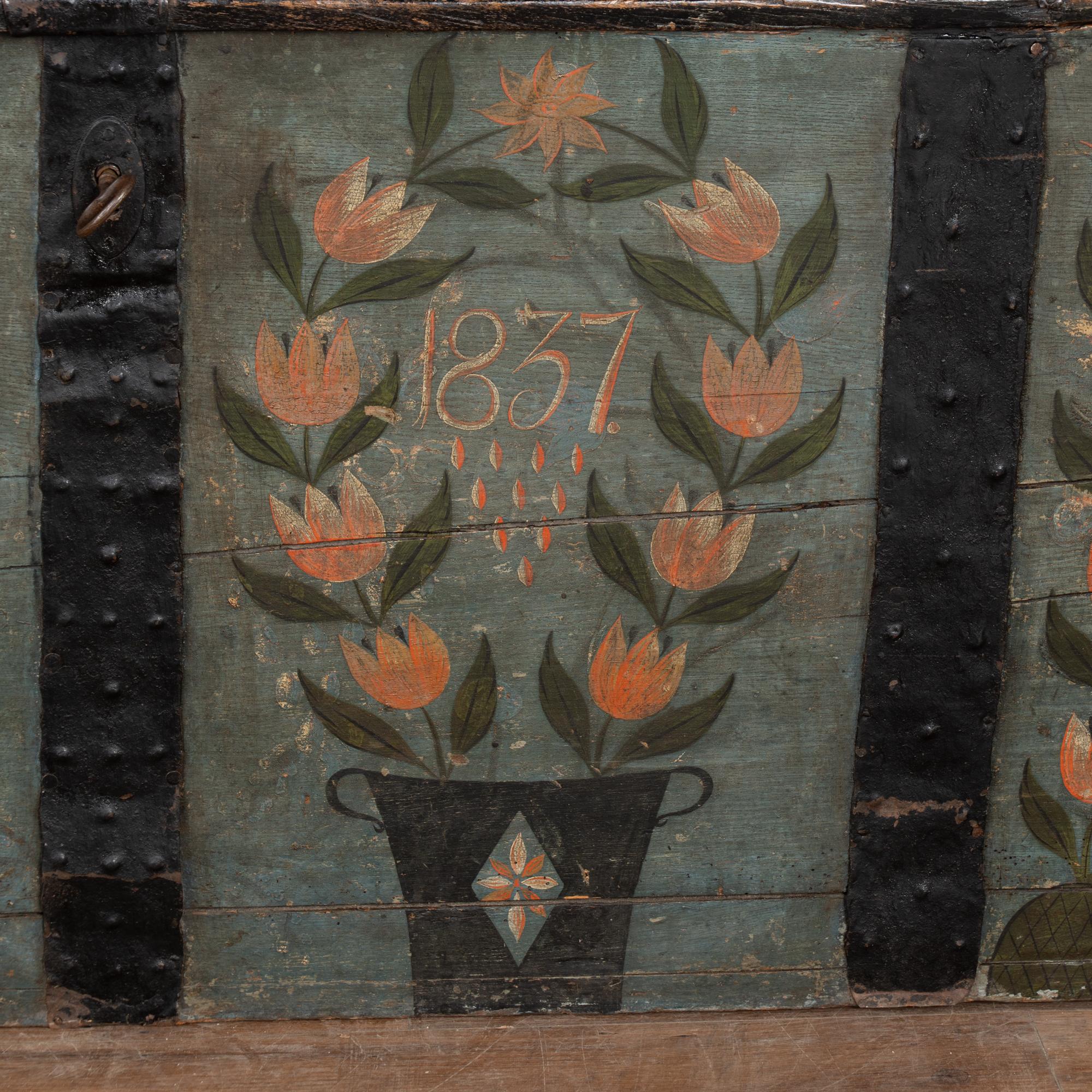 19th Century Original Hand Painted Swedish Dome Top Oak Trunk dated 1837 7