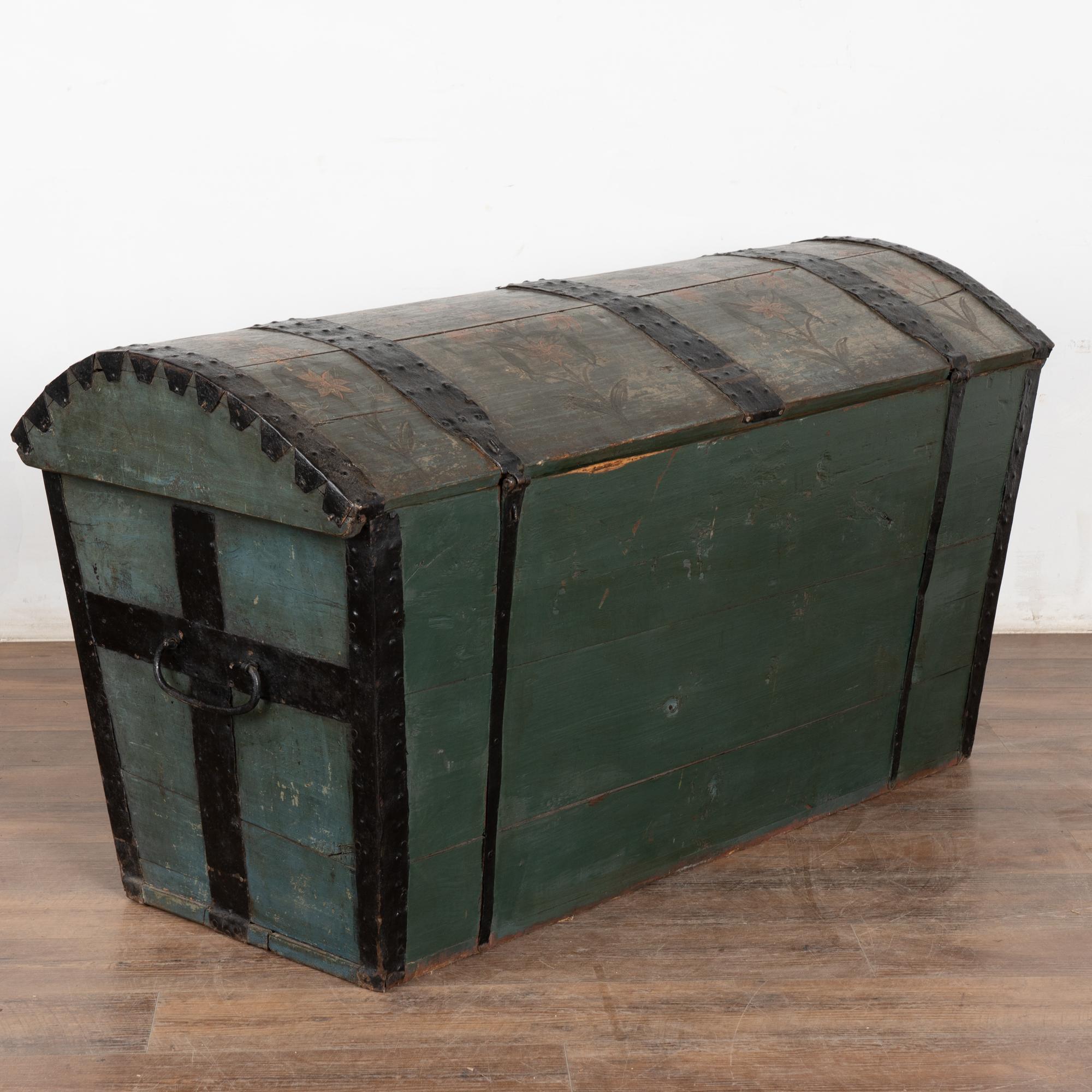 19th Century Original Hand Painted Swedish Dome Top Oak Trunk dated 1837 8