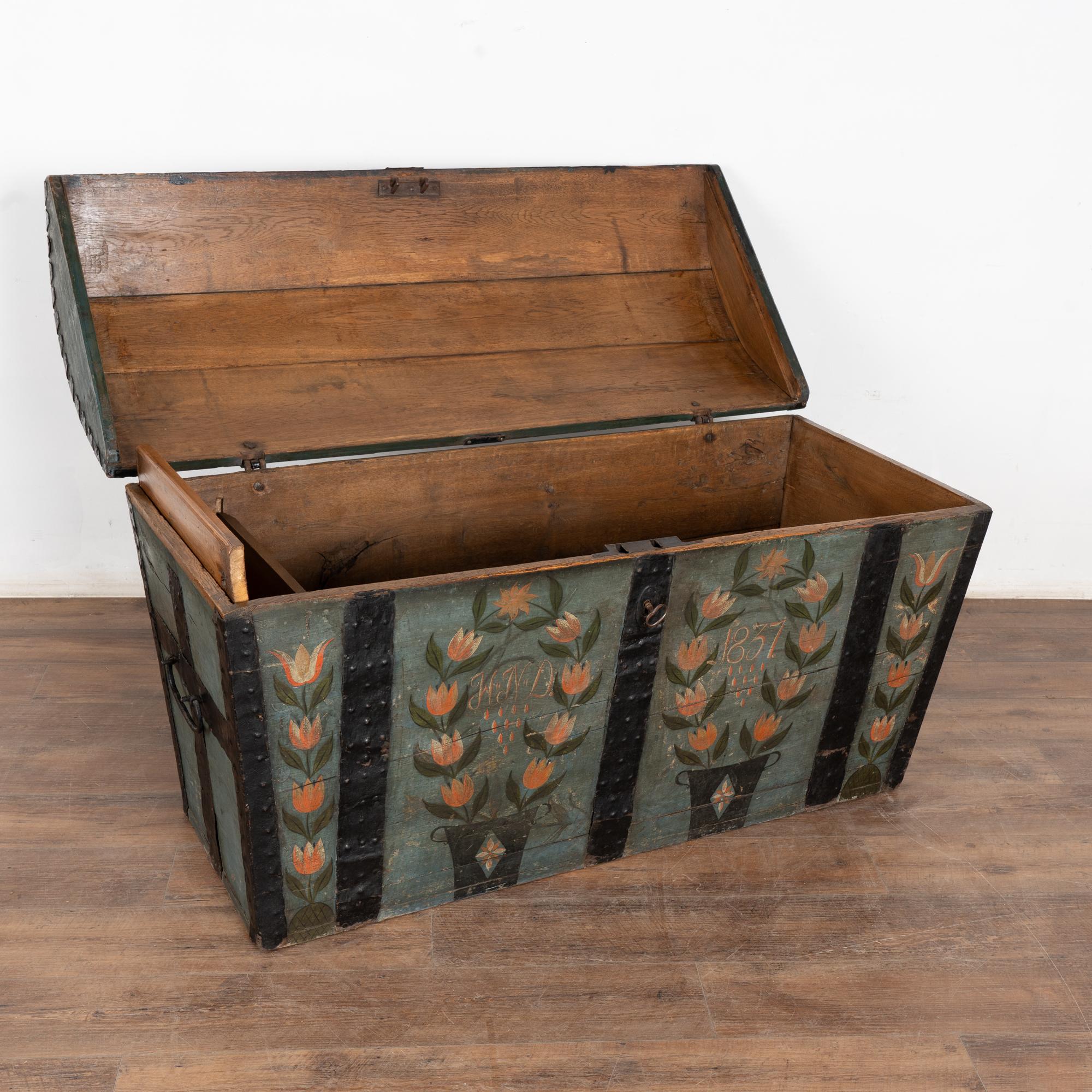 Folk Art 19th Century Original Hand Painted Swedish Dome Top Oak Trunk dated 1837
