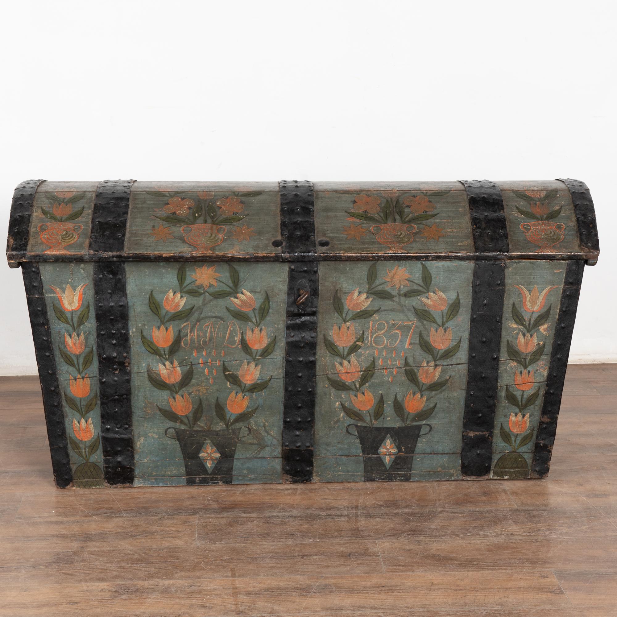 Wrought Iron 19th Century Original Hand Painted Swedish Dome Top Oak Trunk dated 1837