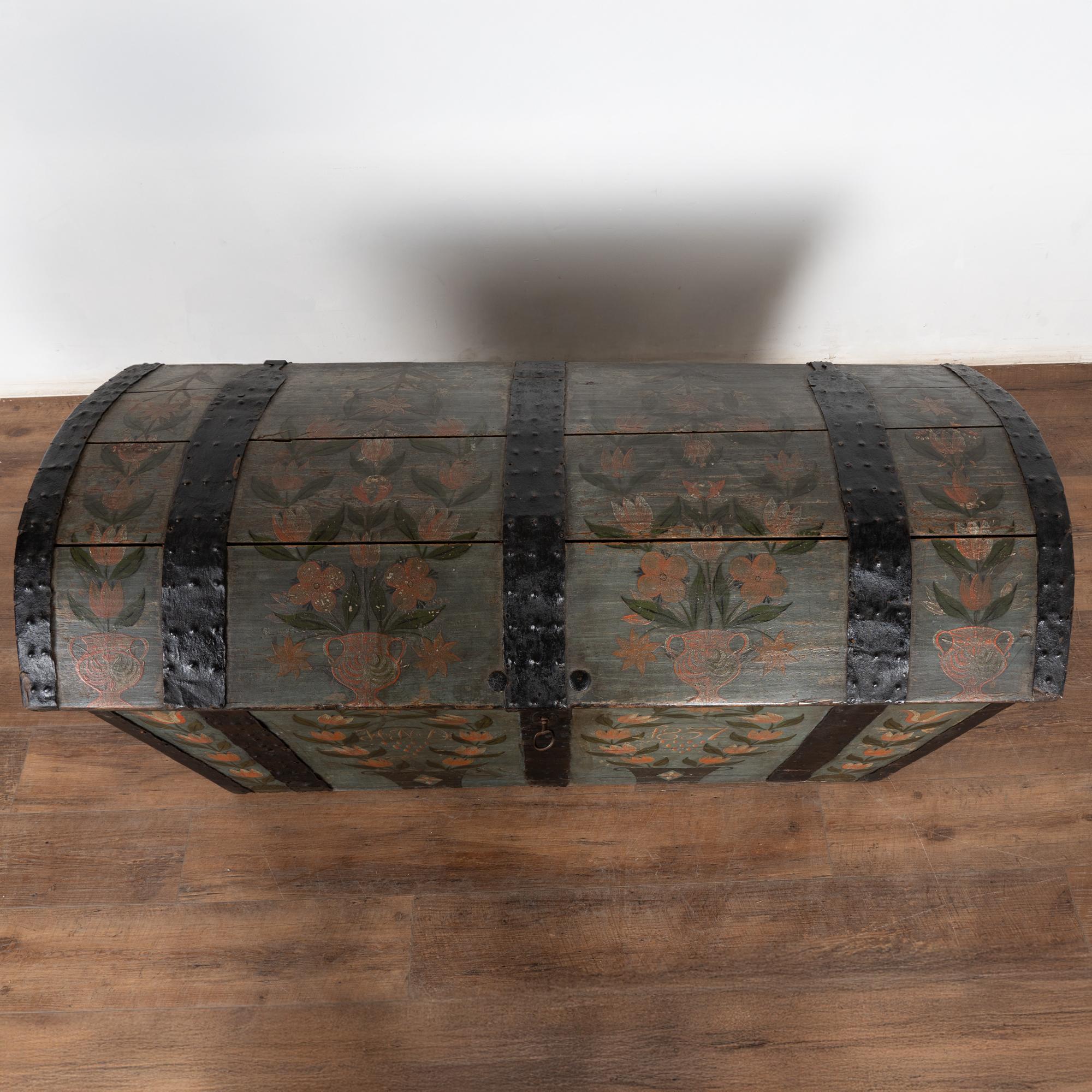 19th Century Original Hand Painted Swedish Dome Top Oak Trunk dated 1837 1