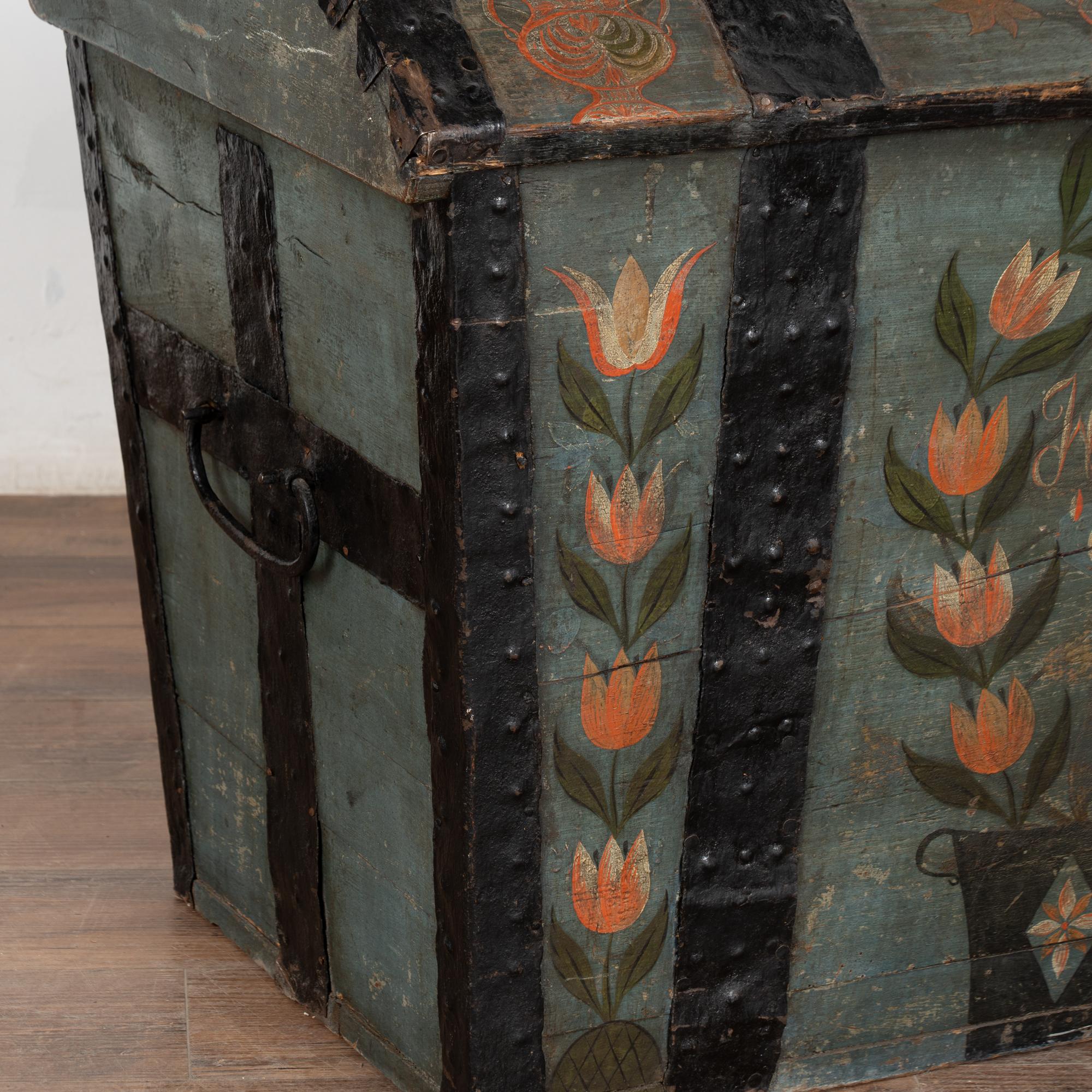 19th Century Original Hand Painted Swedish Dome Top Oak Trunk dated 1837 3