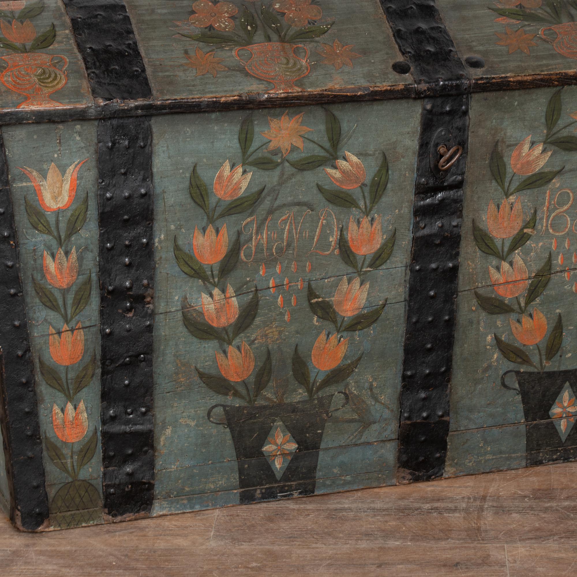 19th Century Original Hand Painted Swedish Dome Top Oak Trunk dated 1837 4