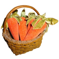 19th Century Original Mustard Painted Tiny Basket with Mini Velvet Carrots