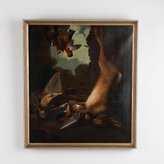 Óleo sobre lienzo original del siglo XIX Naturaleza muerta con liebre y pájaros