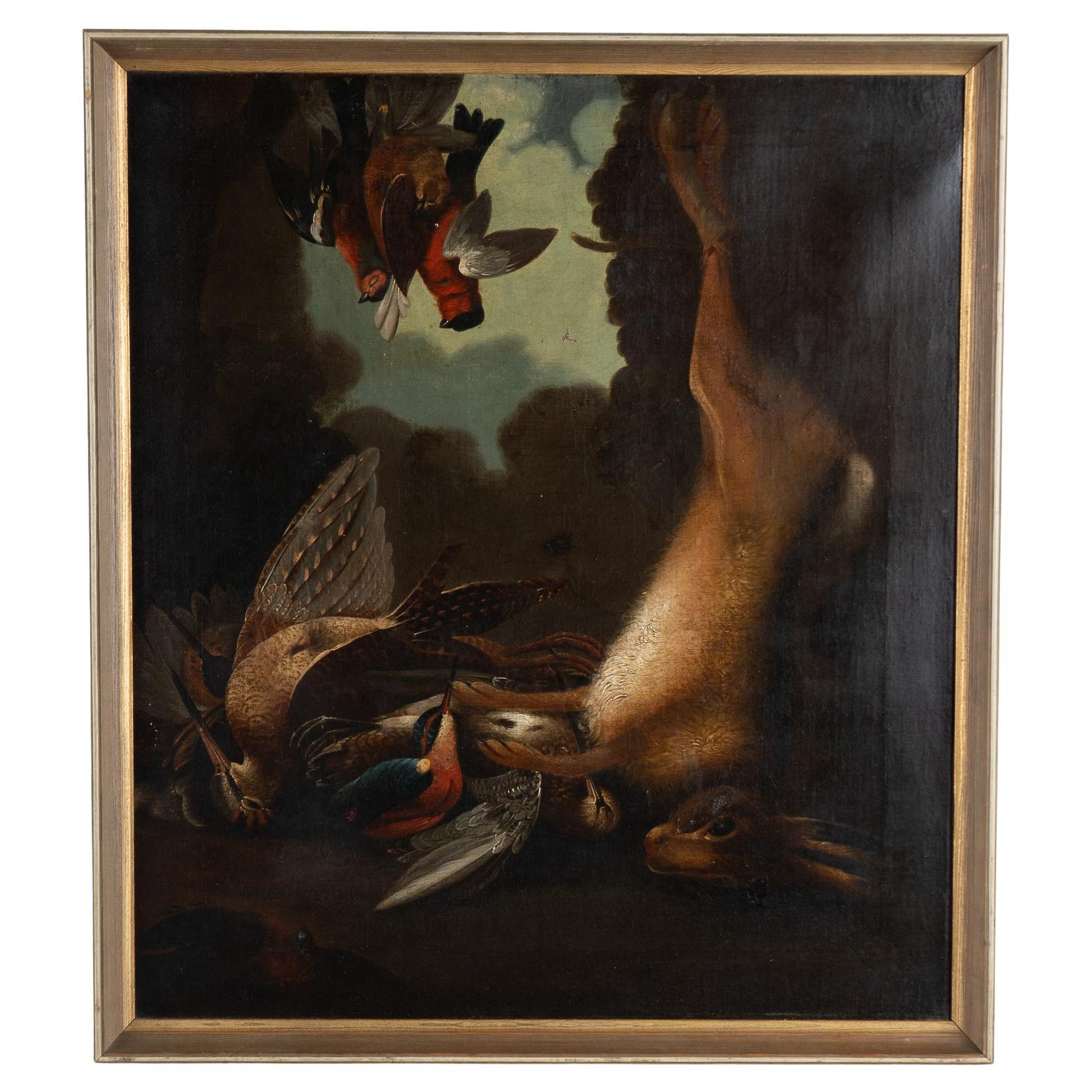 19th Century Original Oil on Canvas Nature Morte Still Life with Hare and Birds For Sale