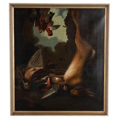 19th Century Original Oil on Canvas Nature Morte Still Life with Hare and Birds