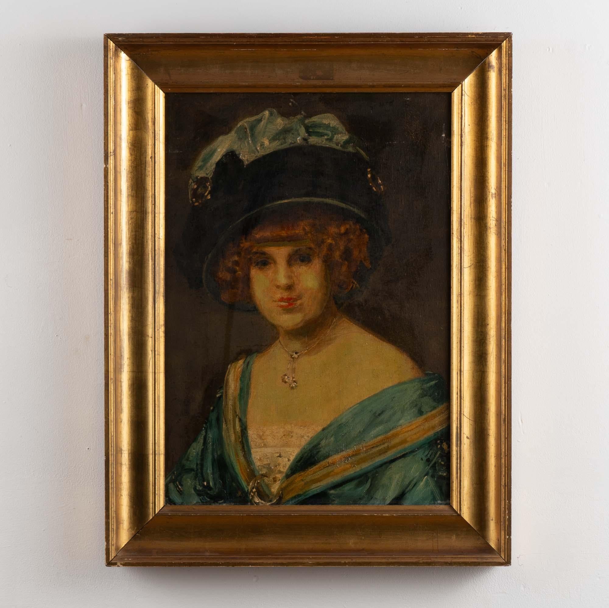 Original oil on canvas portrait of the Danish Painter Holger Drachmann's lover and muse, Amanda Jensine Nielsen the singer. Signed A. Weie on the reverse. Oil on canvas.  
Craquelure throughout. Stains, paint loss, scratches.
Typical age related