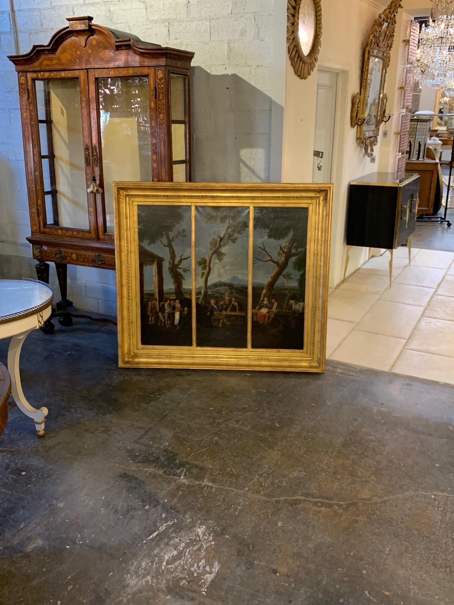 Beautiful 19th century original oil painting on canvas featuring rural scenes. Interesting giltwood frame that has 3 sections with each section having a different painted scene. Lovely!