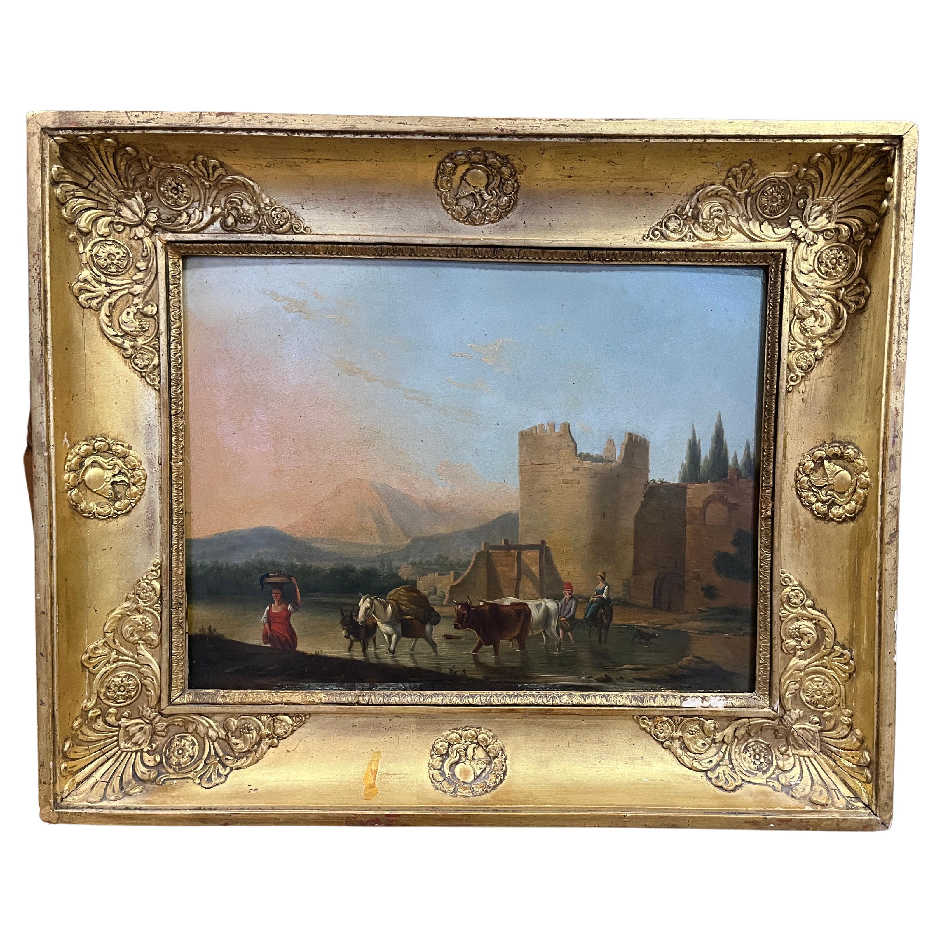 Peinture à l'huile originale du 19e siècle, paysage italien en vente