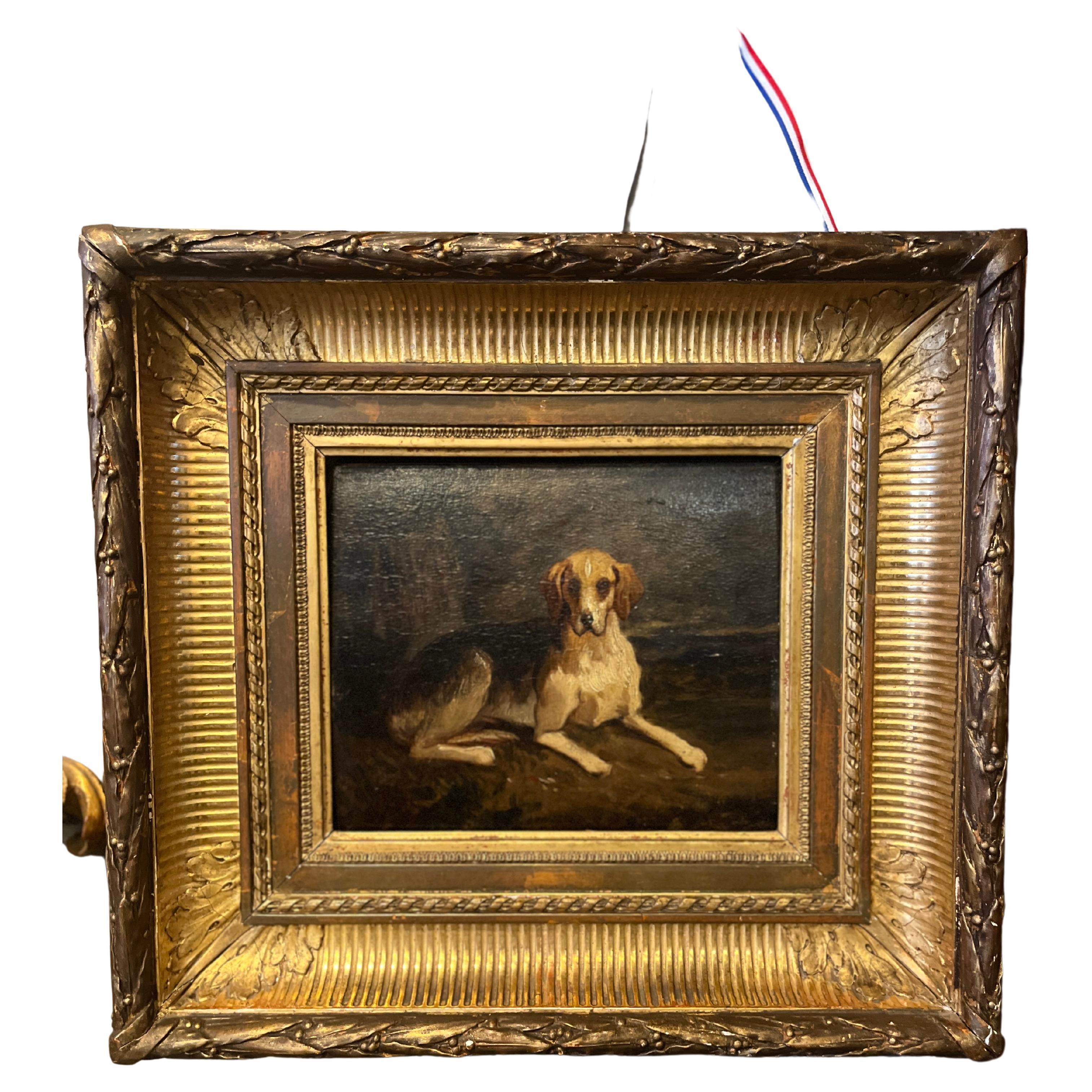 19th Century Original Oil Painting of Dog in gilted frame