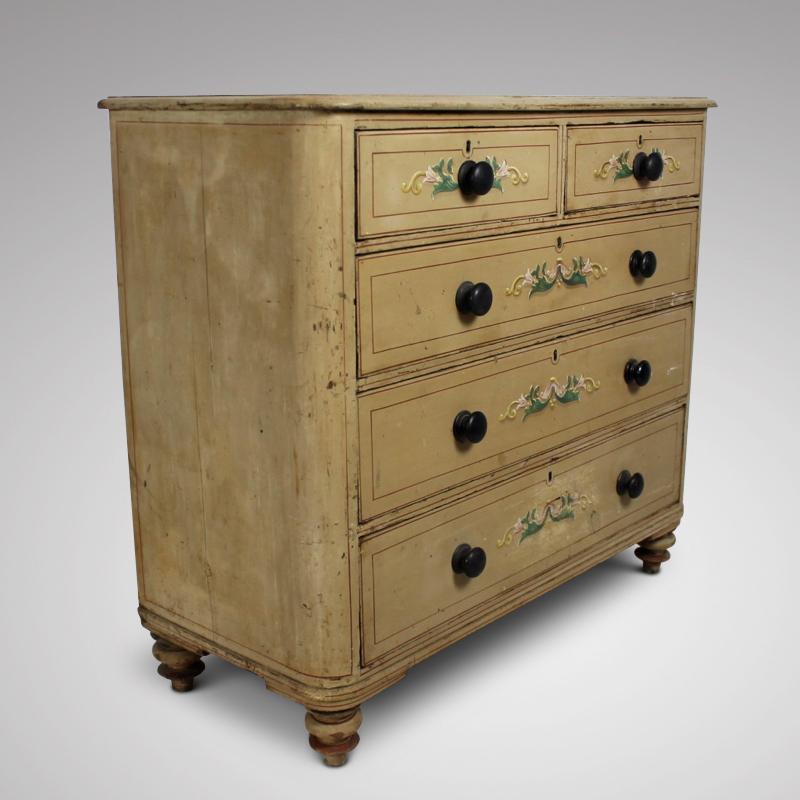 A wonderful, totally original, mid-19th century painted pine chest of drawers. The beautifully decorated drawers with original handles and standing on original feet.

English, circa 1860.