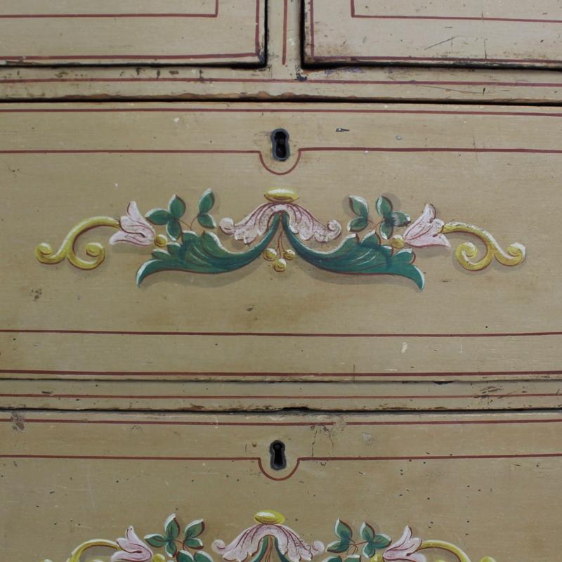 English 19th Century Original Painted and Florally Decorated Pine Chest Of Drawers