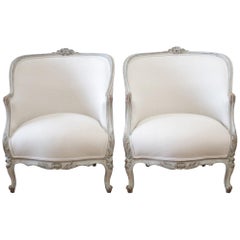 19th Century Original Painted and Upholstered Bergère Chairs in Soft Irish Linen