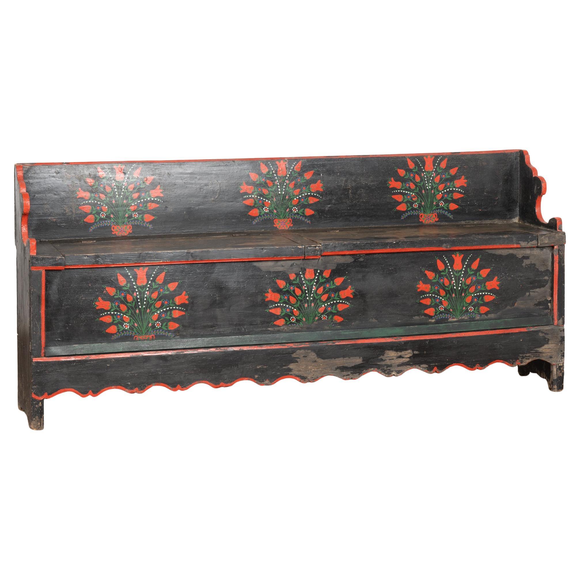 19th Century Original Painted Narrow Bench with Storage, Hungary