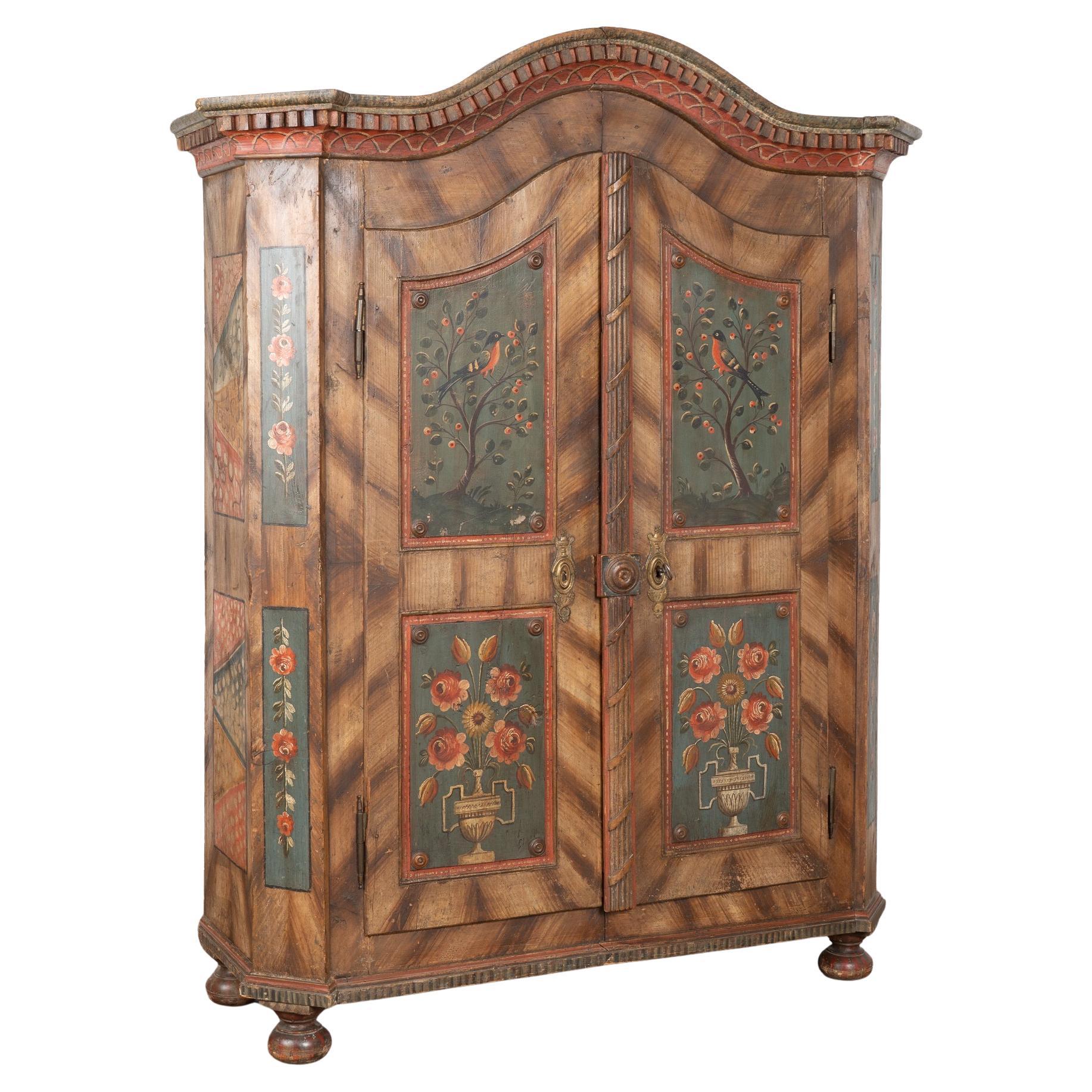 19th Century Original Painted Pine Armoire German Shrunk with Birds