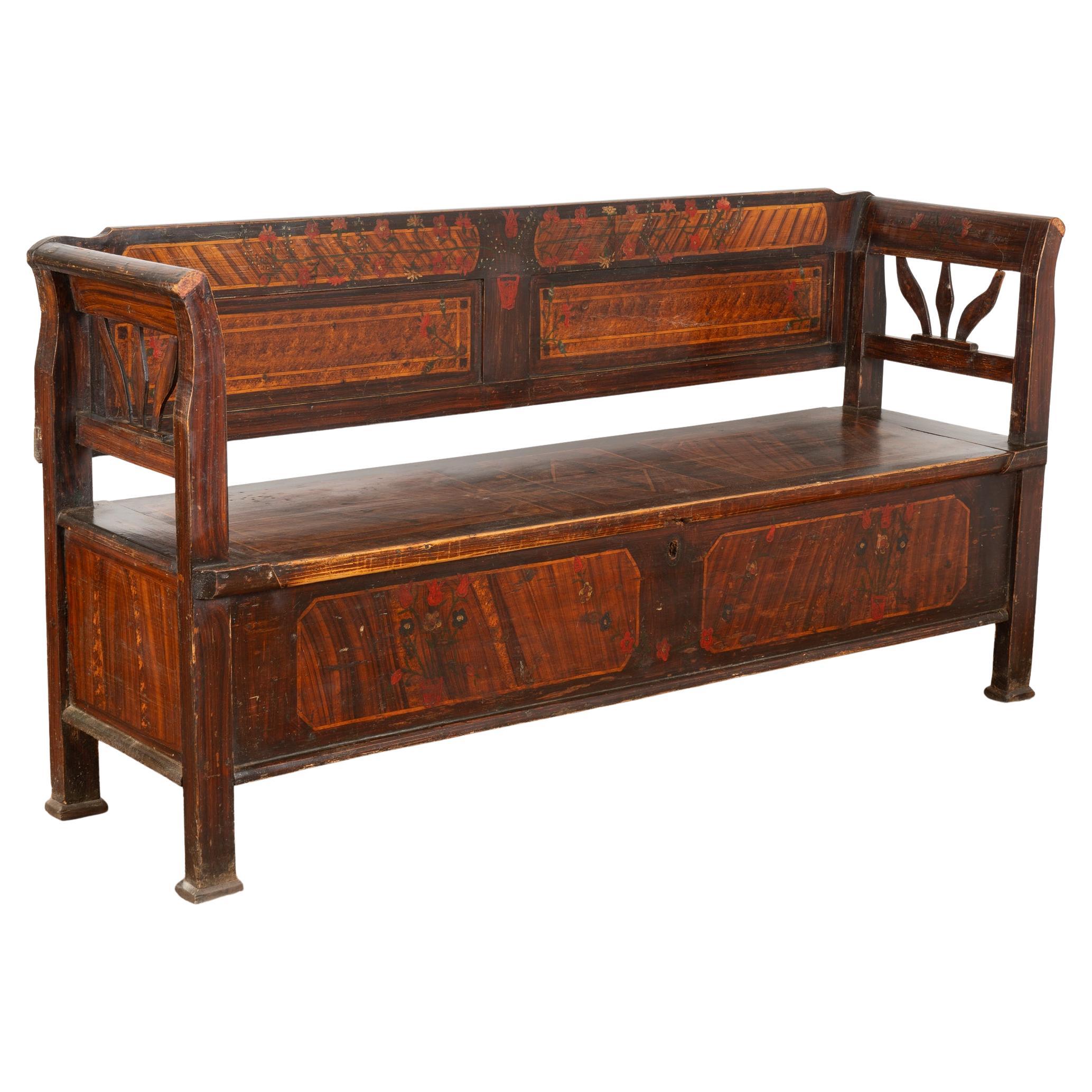 19th Century Original Painted Pine Bench with Storage, Hungary