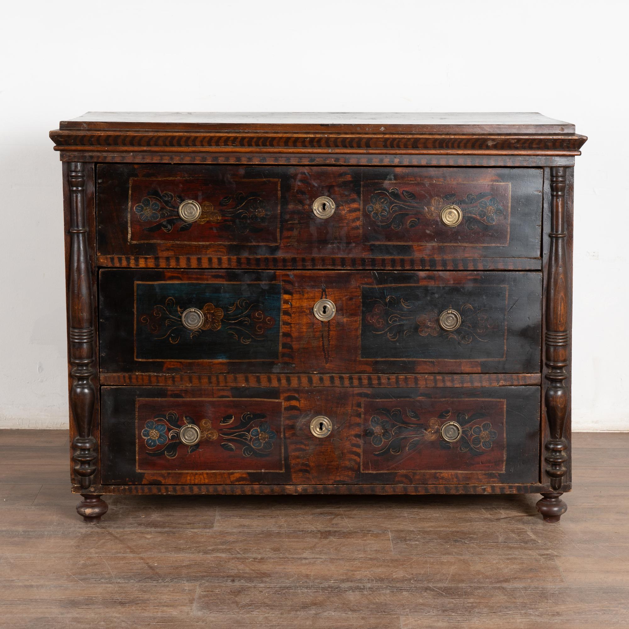 Hungarian 19th Century Original Painted Pine Chest of Three Drawers
