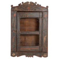 19th Century Original Painted Rustic Hanging Cabinet with Glass Door, Hungary