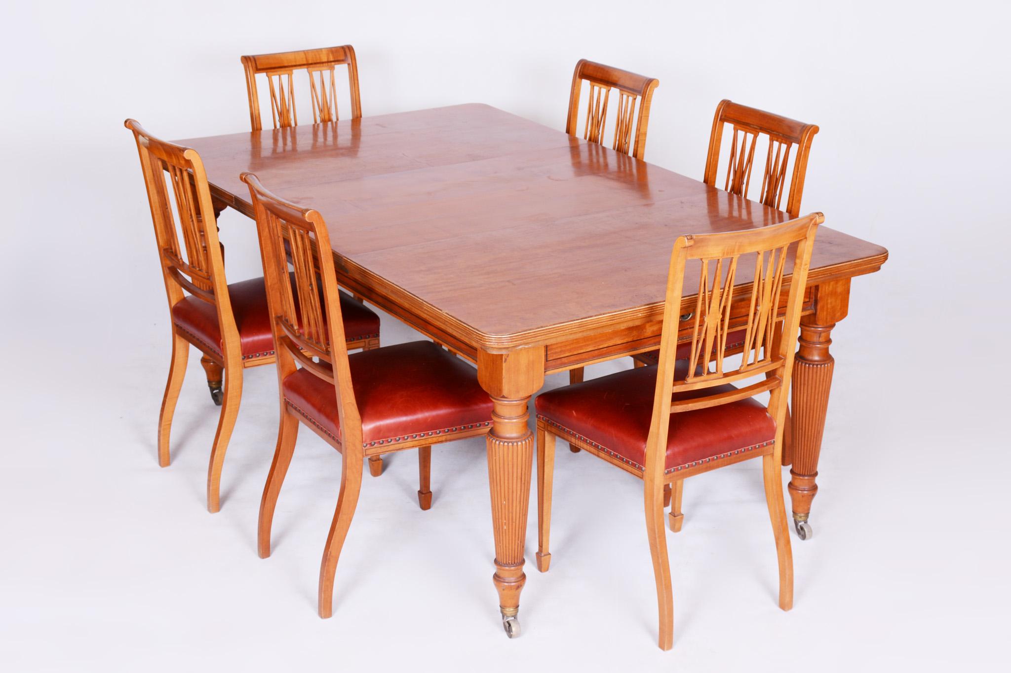 Leather 19th Century Original Rare British Dinning Room Set with 12 Chairs, Satin Wood For Sale