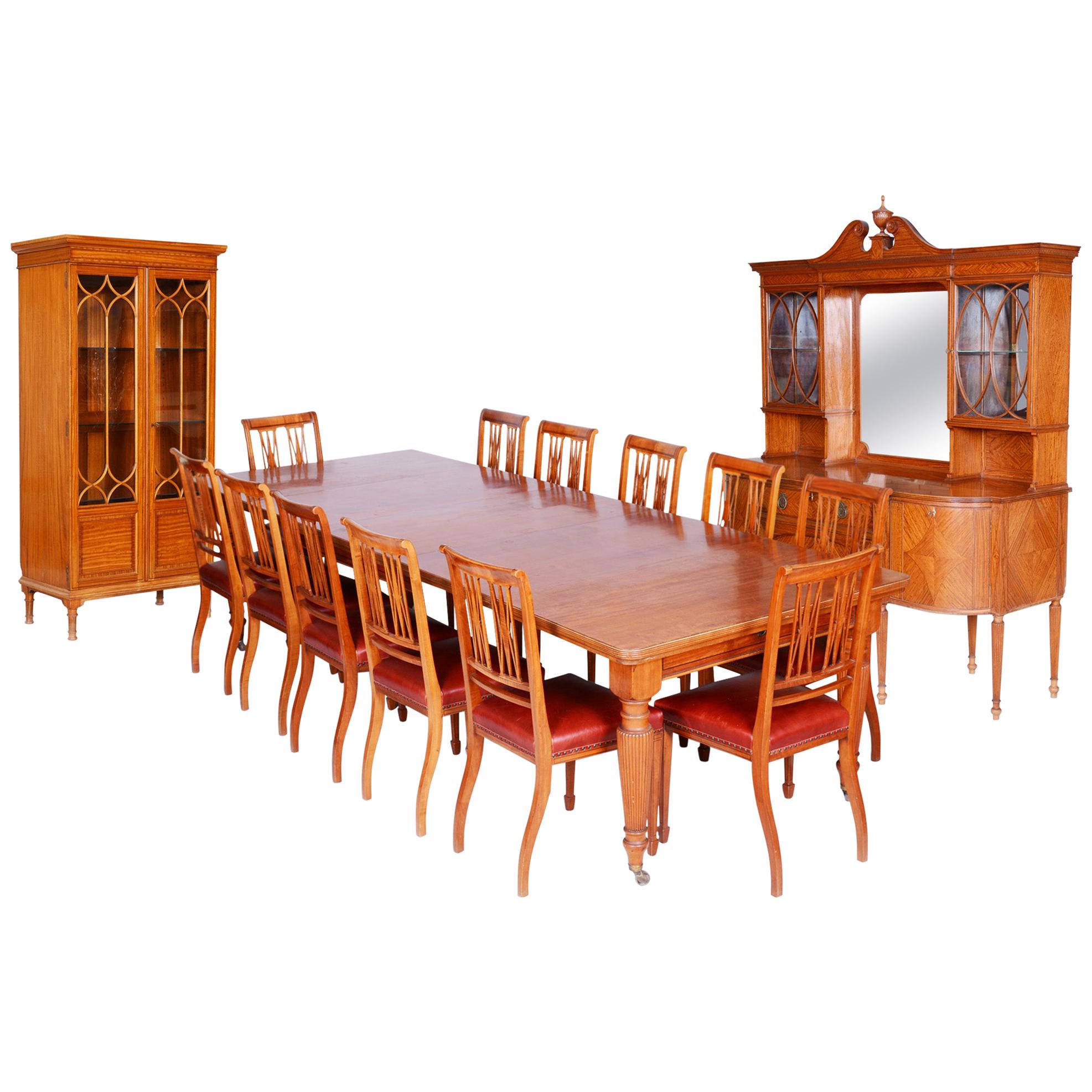 19th Century Original Rare British Dinning Room Set with 12 Chairs, Satin Wood