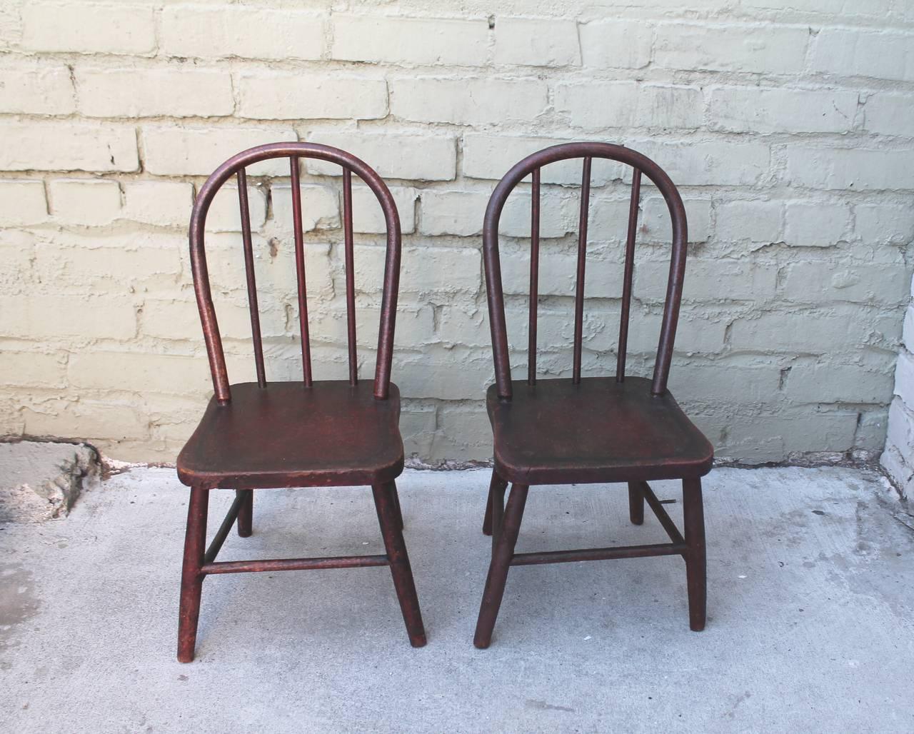 American 19th Century Original Red Painted Children's Table and Collection of Four Chairs